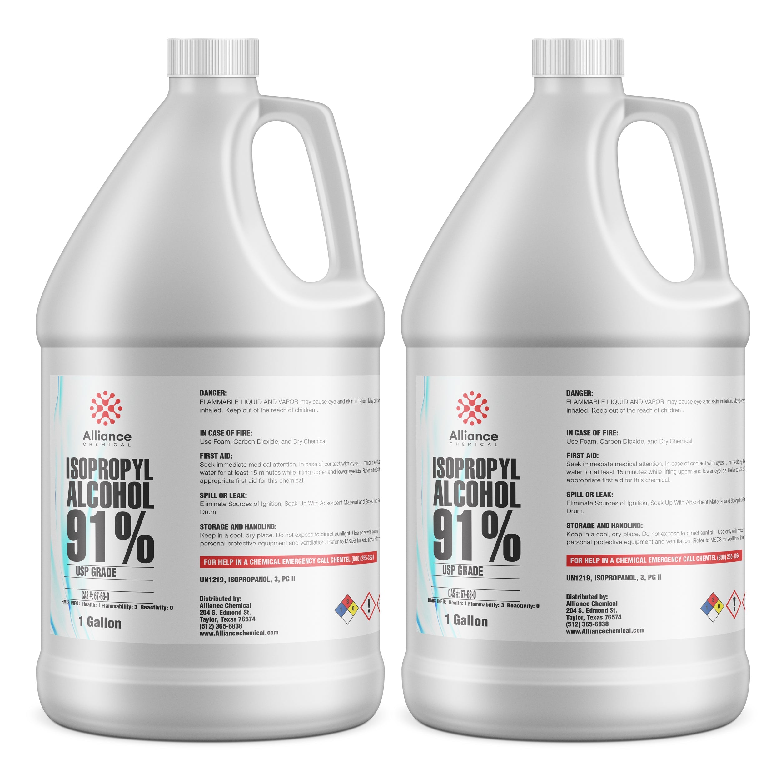 1-gallon containers (2) of USP grade 91% Isopropyl Alcohol in white HDPE jugs with safety warnings and NFPA diamond hazard symbols.