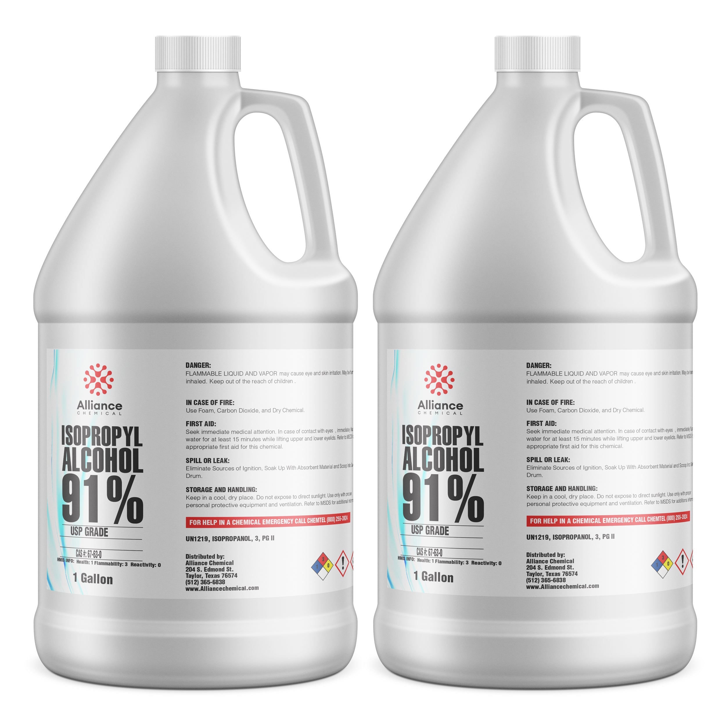 1-gallon bottles of USP-grade 91% Isopropyl Alcohol in white HDPE containers with flammable liquid warning labels and NFPA diamond symbols.