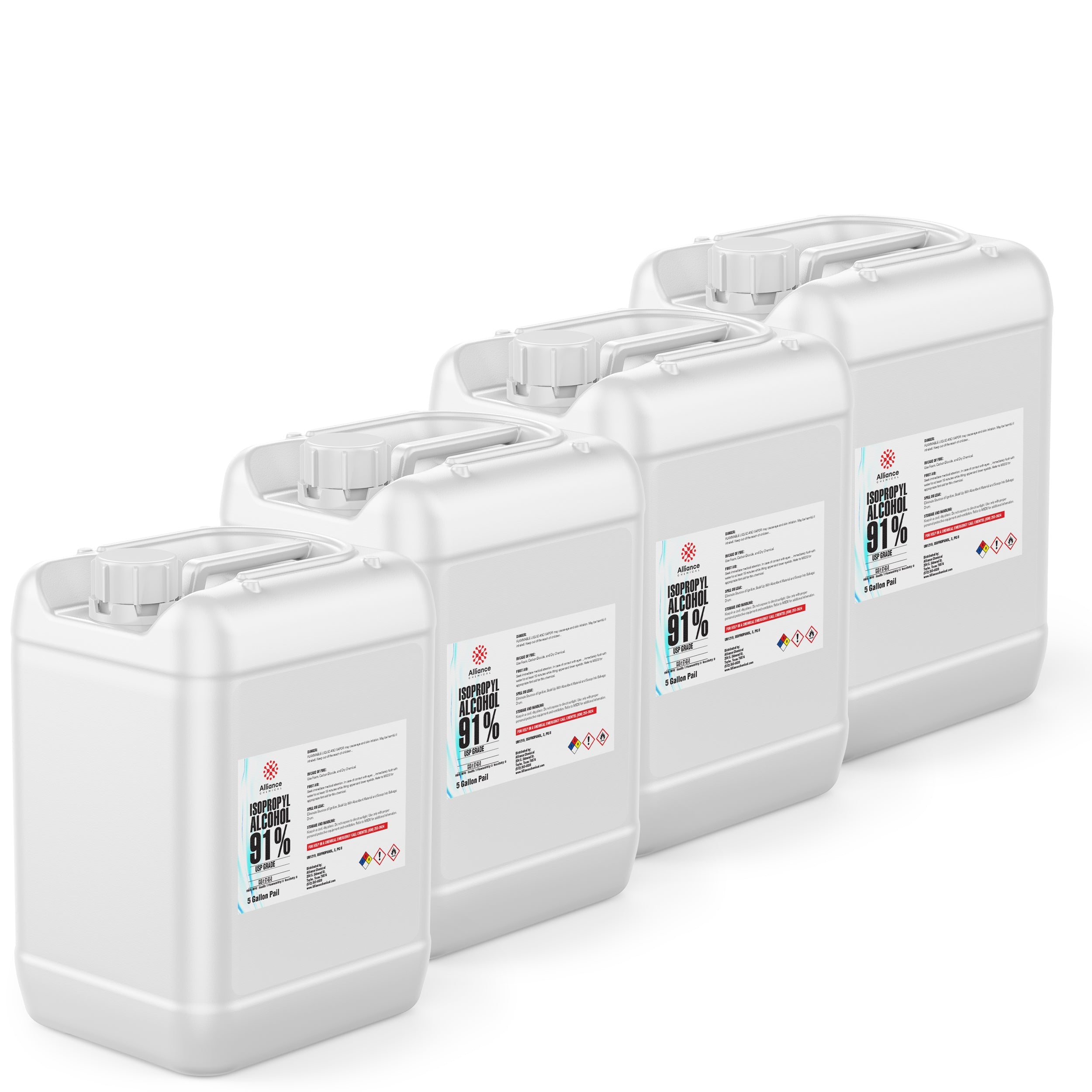 20-gallon (4x5-gallon) set of 91% Isopropyl Alcohol USP in white HDPE containers with hazard warning labels, industrial-grade chemical storage jugs.