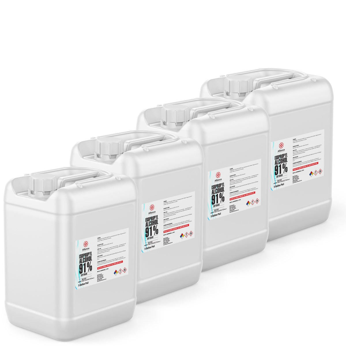 Four 5-gallon HDPE pails of Alliance Chemical Isopropyl Alcohol 91% - USP Grade with labels and handles