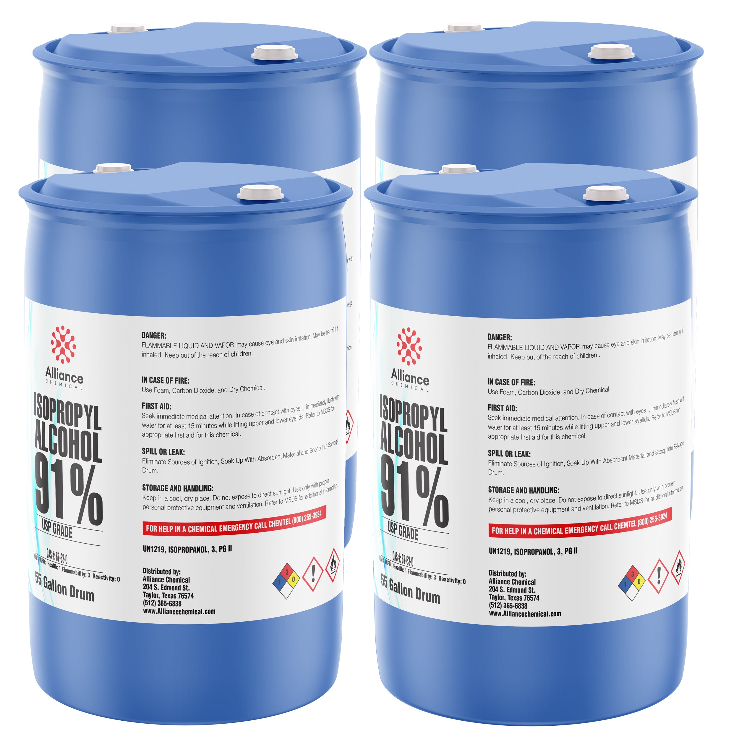 55-gallon blue drums of USP-grade 91% Isopropyl Alcohol, flammable liquid warning labels, NFPA diamond, first aid instructions, distributed by Alliance Chemical.