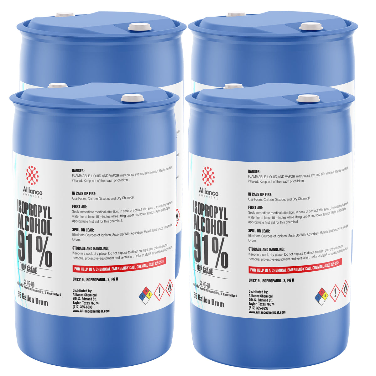 55-gallon blue drums of Alliance Chemical USP-grade 91% Isopropyl Alcohol, flammable liquid warning labels, NFPA diamond