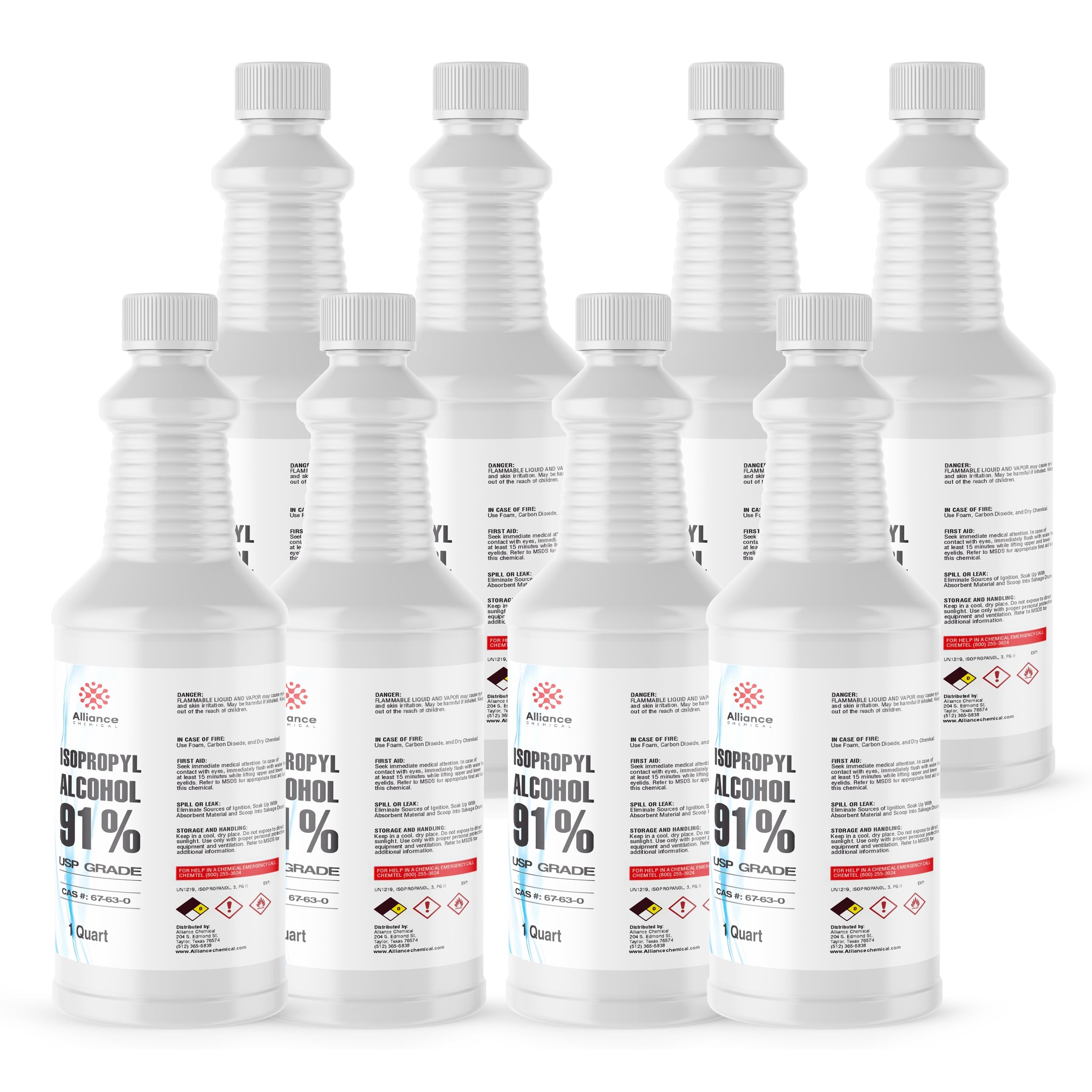 1-quart bottles of USP-grade 91% Isopropyl Alcohol in white HDPE containers with safety warnings, flammable symbols, and Alliance branding.