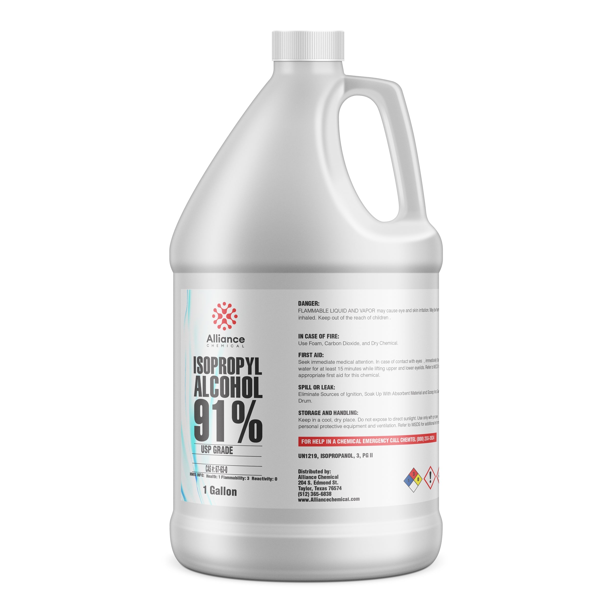 1-gallon HDPE bottle of 91% USP-grade isopropyl alcohol by Alliance Chemical, featuring safety warnings and NFPA hazard diamond symbol.