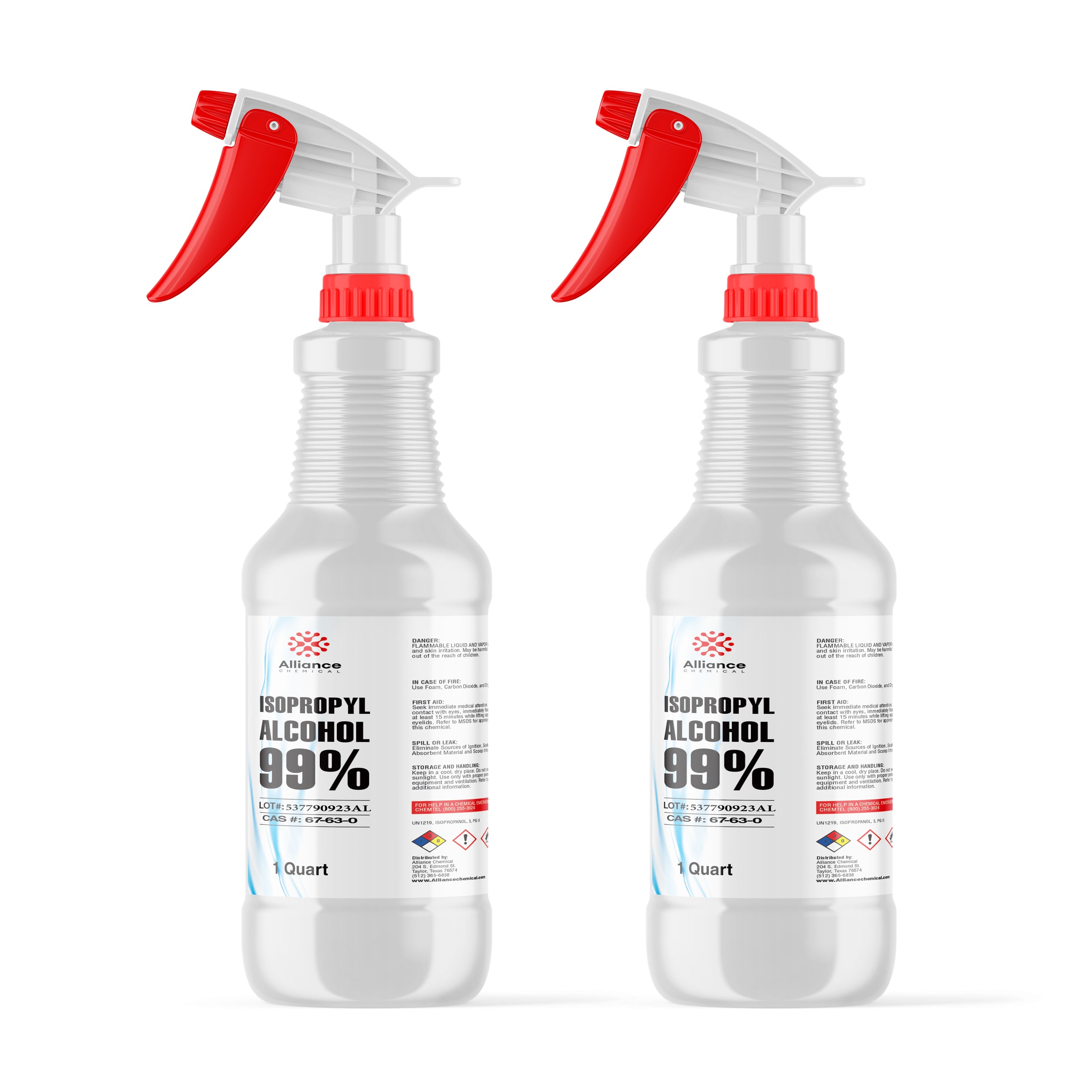 1-quart spray bottles of 99% Isopropyl Alcohol by Alliance Chemical, white HDPE containers with red trigger sprayers and NFPA diamond warning label.