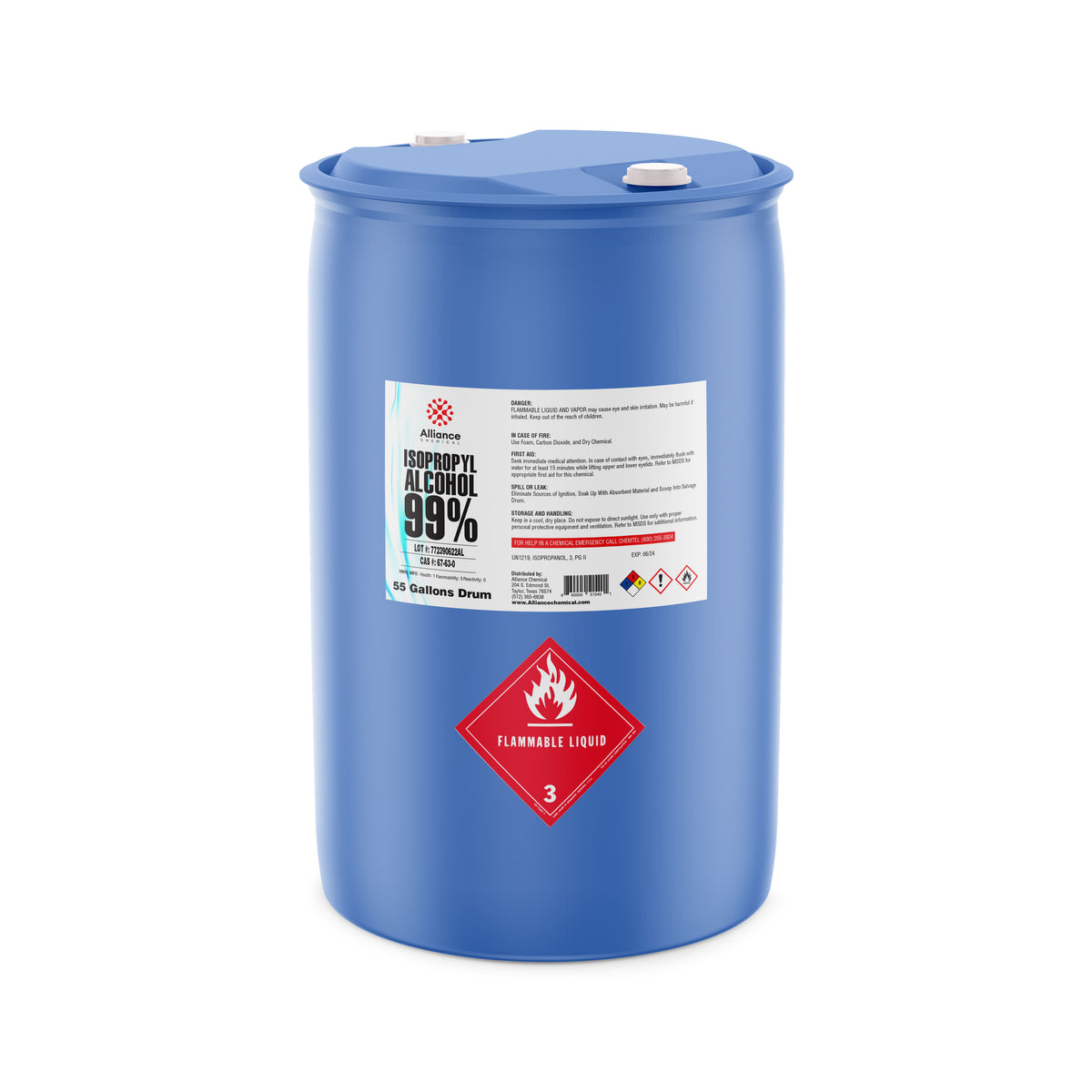 Alliance Chemical 55-gallon plastic drum of Isopropyl Alcohol 99% - Technical Grade with blue cap and safety label