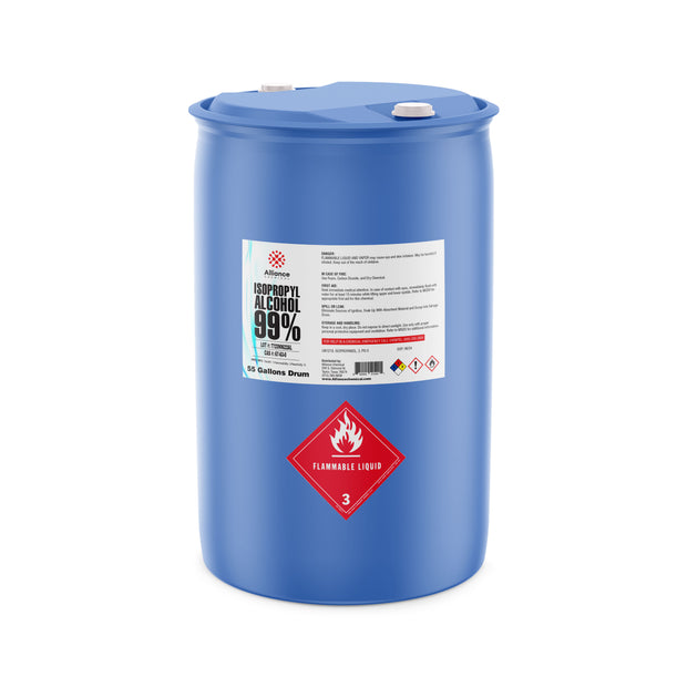 Alliance Chemical 55-gallon plastic drum of Isopropyl Alcohol 99% - Technical Grade with blue cap and safety label
