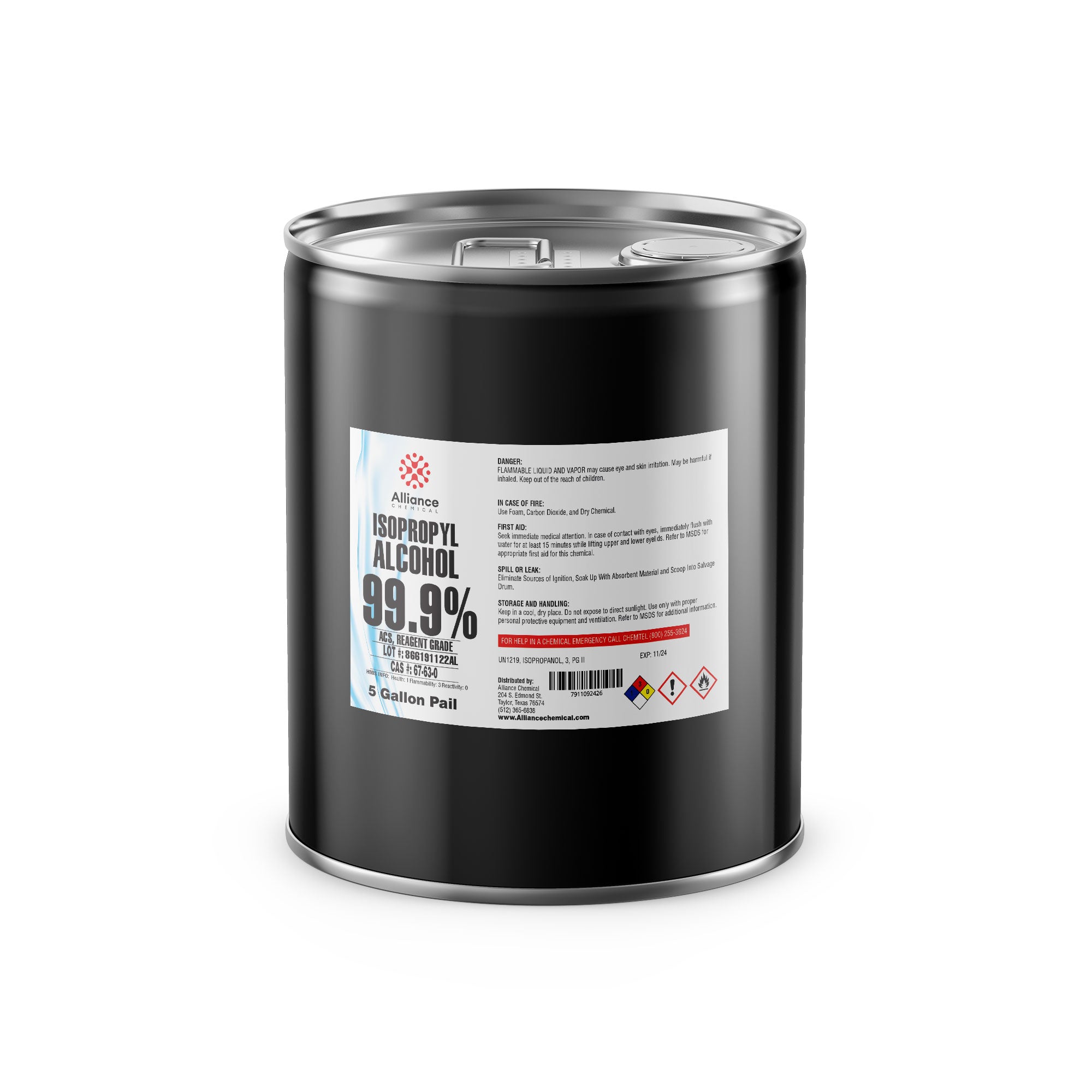 5-gallon pail of 99.9% Isopropyl Alcohol ACS Reagent Grade by Alliance Chemical, black container with safety warning labels and NFPA diamond symbols.