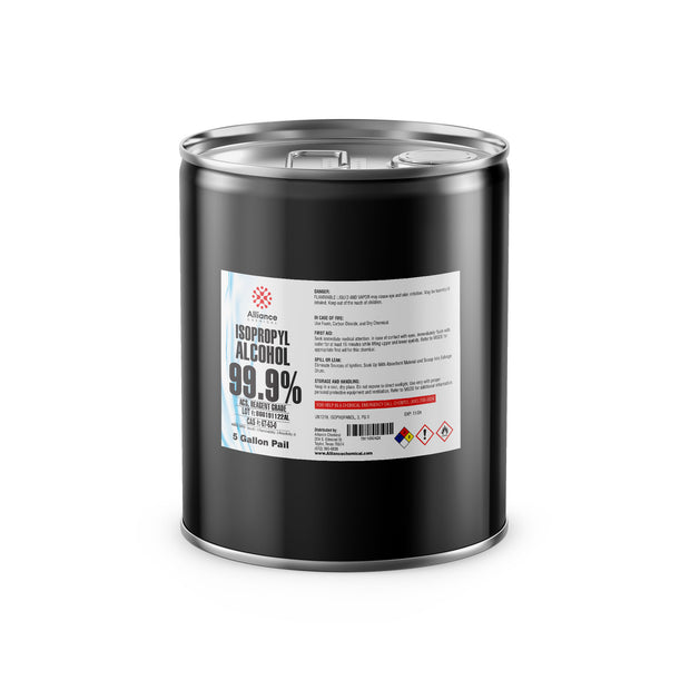Alliance Chemical 5-gallon pail of 99.9% Isopropyl Alcohol ACS Reagent Grade, black containerlabels and NFPA diamond symbols