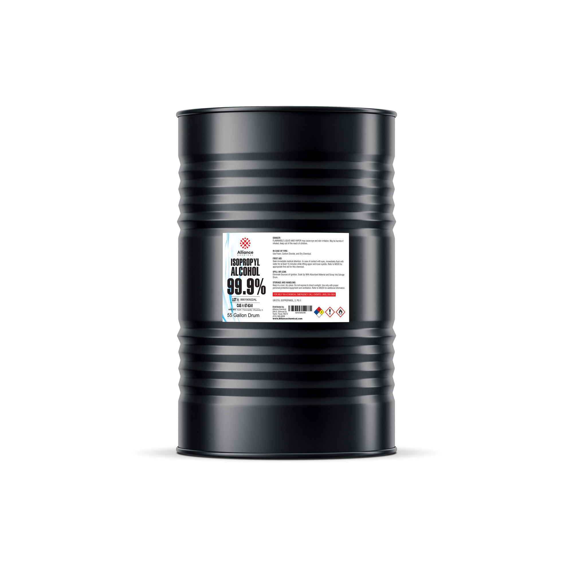 55-gallon black steel drum of 99.9% ACS reagent-grade isopropyl alcohol with NFPA diamond hazard label, Alliance Chemical branding, and ribbed container design.