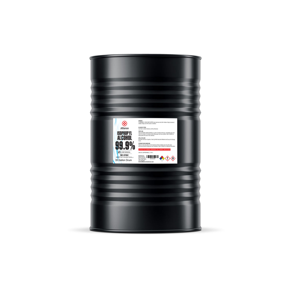55-gallon black steel drum of 99.9% ACS reagent-grade isopropyl alcohol with NFPA diamond hazard label, Alliance Chemical