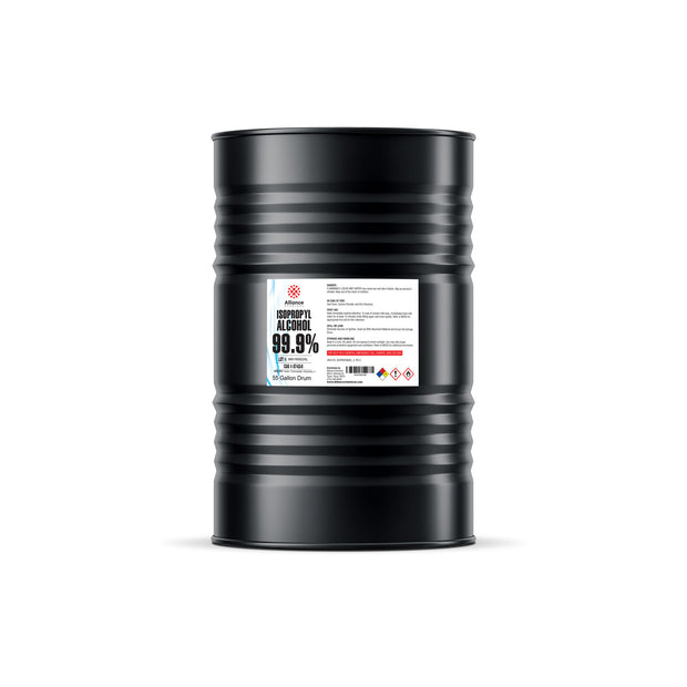 55-gallon black steel drum of 99.9% ACS reagent-grade isopropyl alcohol with NFPA diamond hazard label, Alliance Chemical
