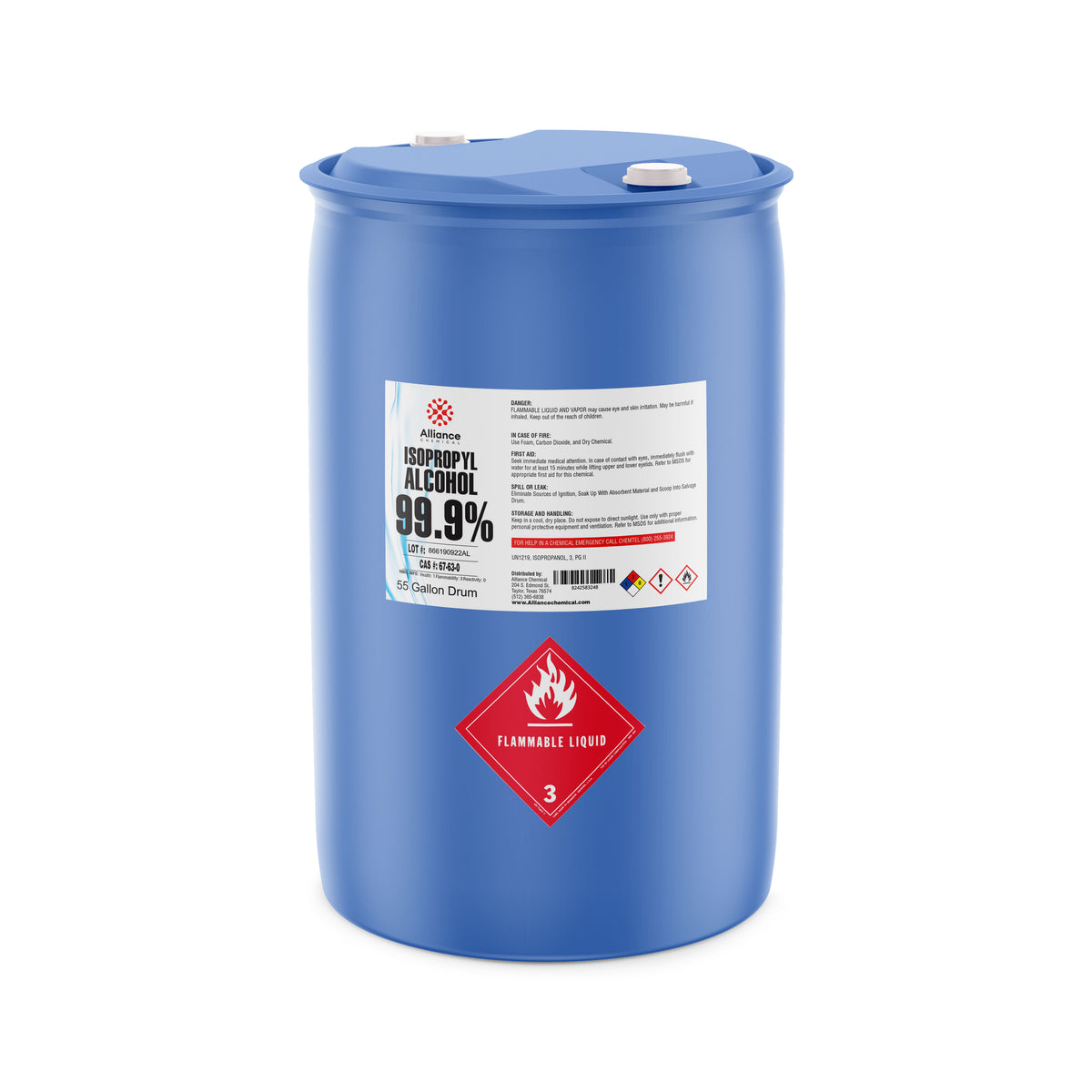 Alliance Chemical Isopropyl Alcohol 99.9% ACS Reagent Grade in a blue 55-gallon plastic drum with white caps.