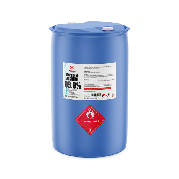 Alliance Chemical Isopropyl Alcohol 99.9% ACS Reagent Grade in a blue 55-gallon plastic drum with white caps.