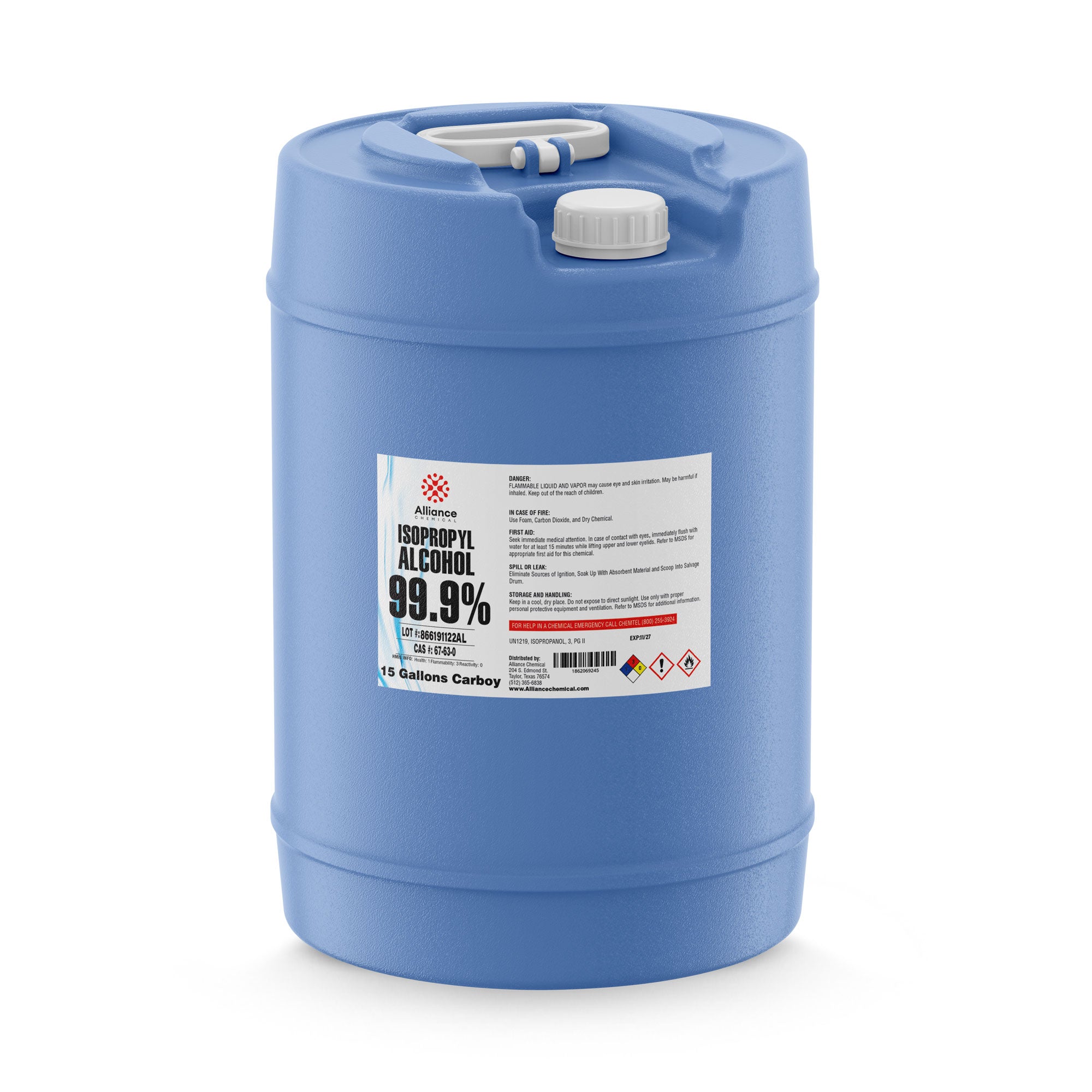 15-gallon blue Carboy container of 99.9% Isopropyl Alcohol (IPA), ACS reagent grade, with Alliance Chemical label and NFPA hazard diamonds.