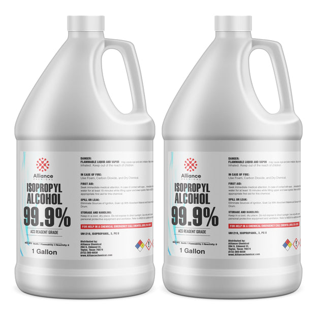 1-gallon HDPE jugs of 99.9% Isopropyl Alcohol ACS Reagent Grade with flammable warning symbols, Alliance Chemical branded