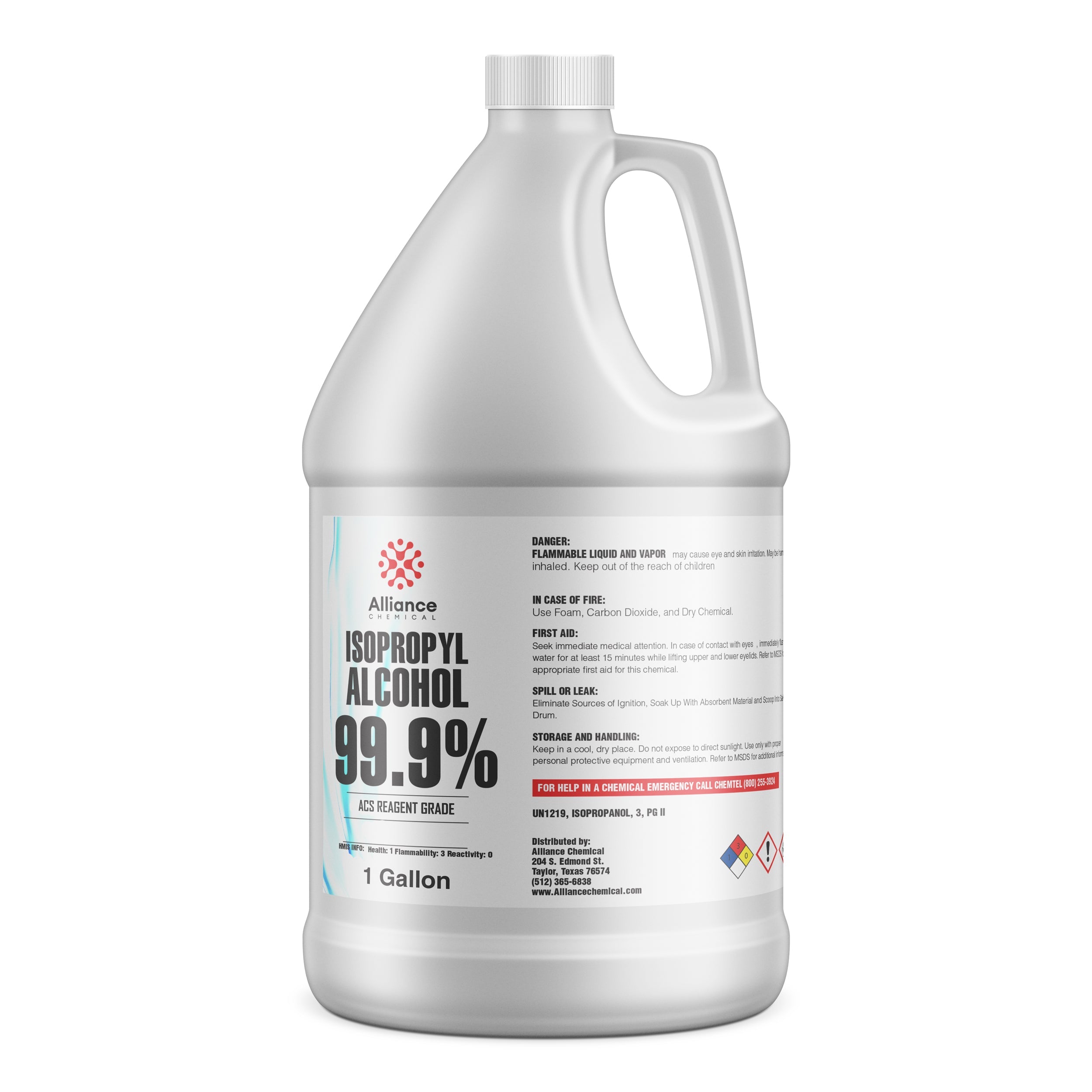 1-gallon HDPE container of 99.9% Isopropyl Alcohol, ACS Reagent Grade, with flammable warning labels and safety information by Alliance Chemical.