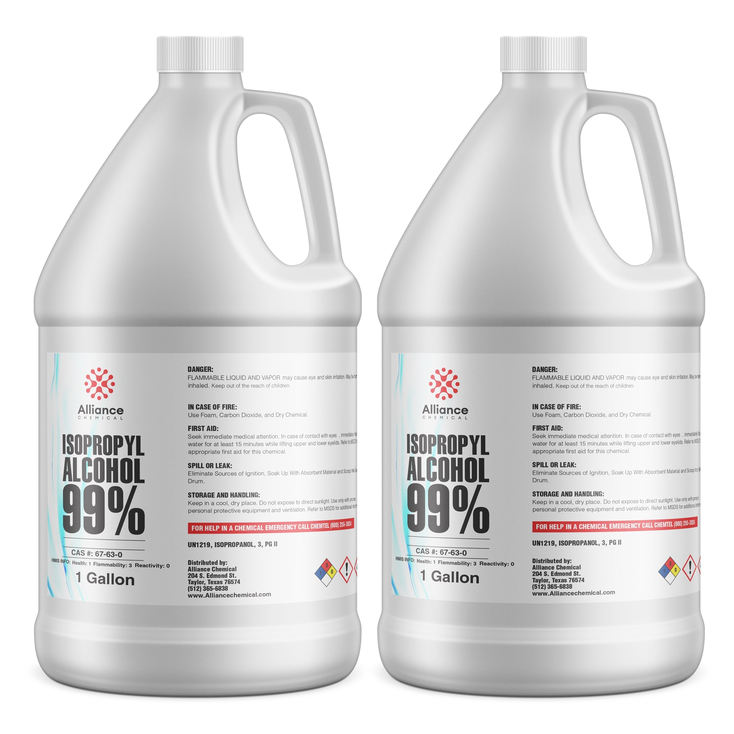 1-gallon containers of 99% Isopropyl Alcohol by Alliance Chemical with flammable warning labels, CAS 67-63-0, in white HDPE jugs.