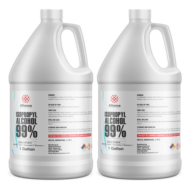 1-gallon containers of 99% Isopropyl Alcohol by Alliance Chemical with flammable warning labels, in HDPE jugs