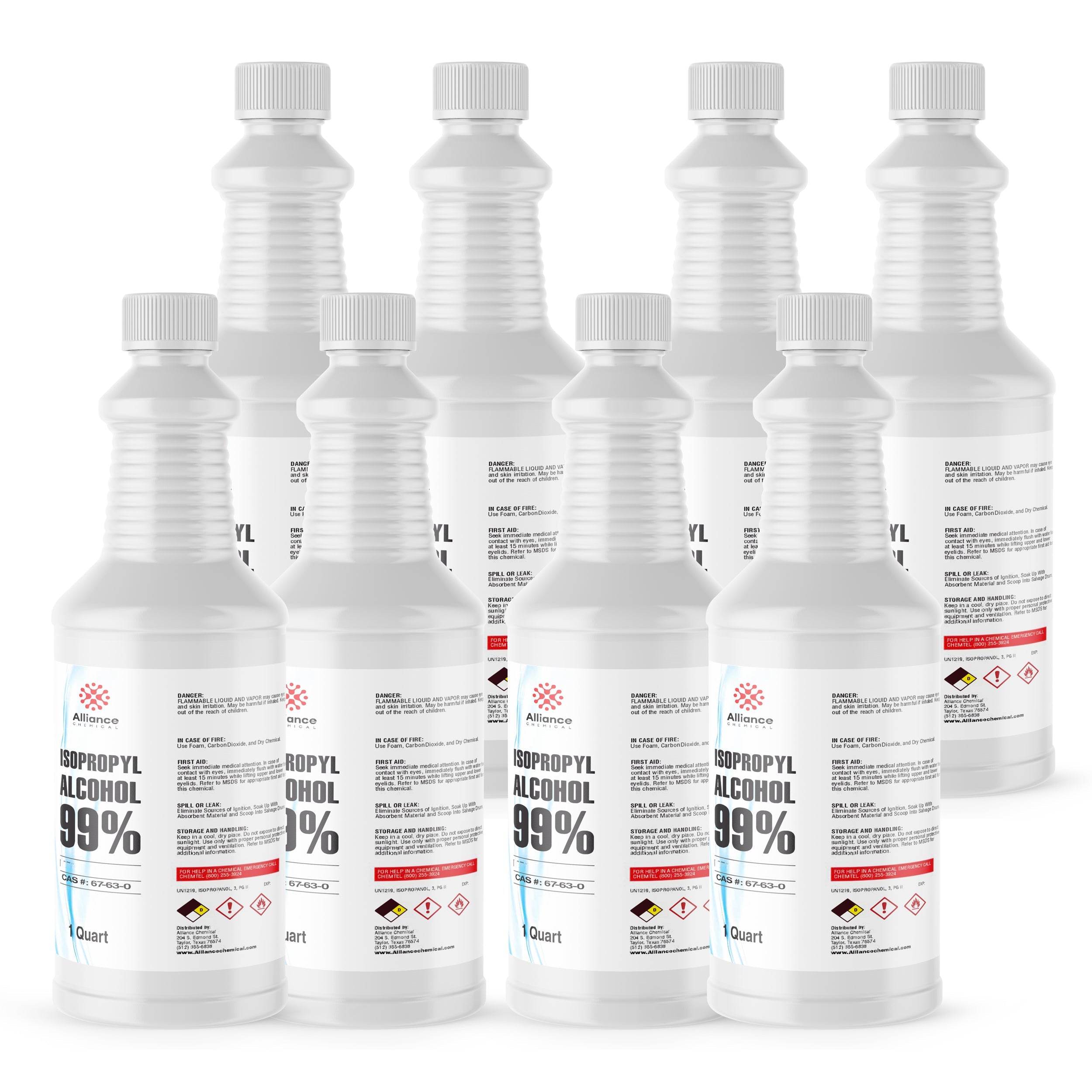 1-quart bottles of 99% Isopropyl Alcohol, industrial-grade, with hazmat warning labels and ribbed safety caps, Alliance Chemical brand.