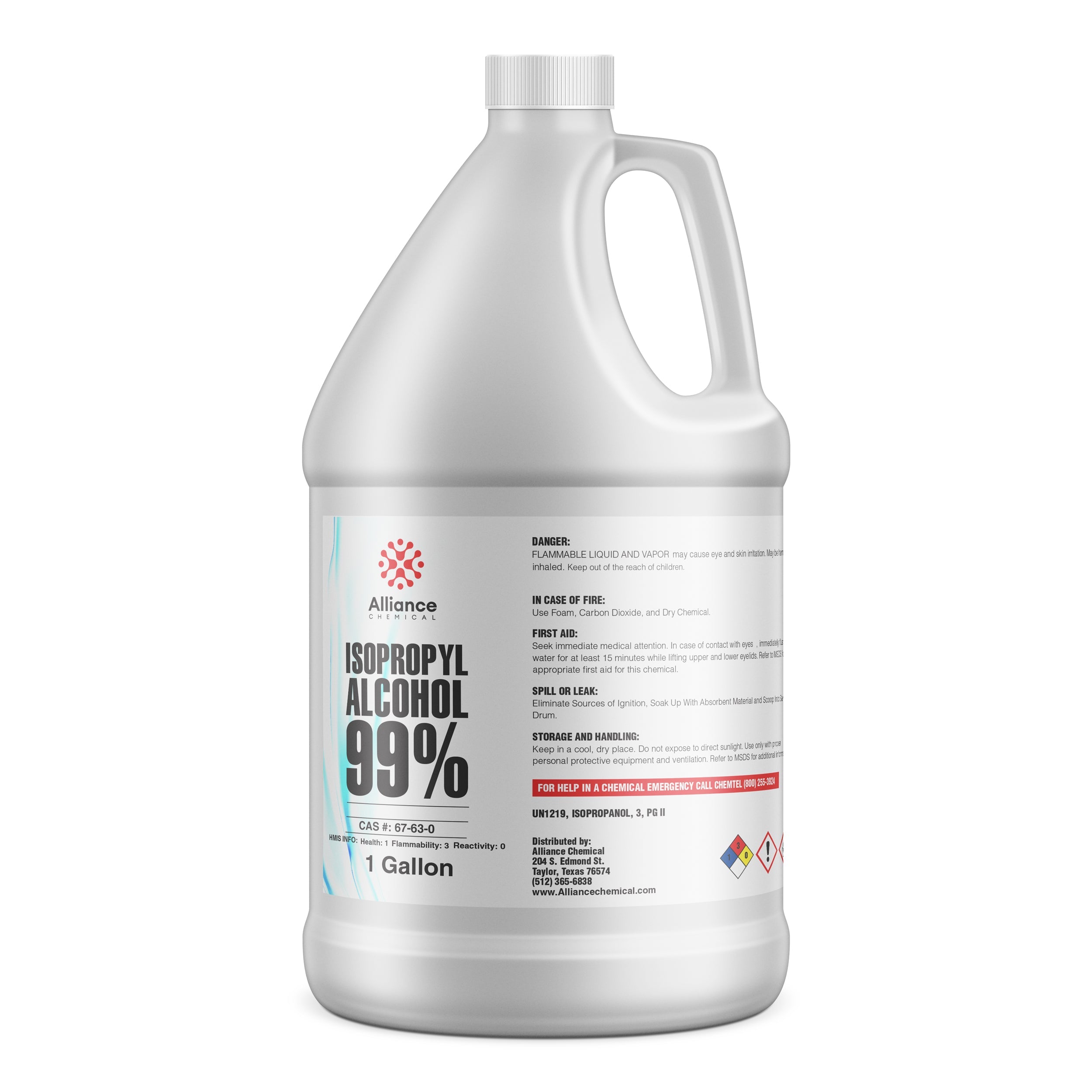 1-gallon HDPE jug of 99% Isopropyl Alcohol by Alliance Chemical, featuring safety warnings, NFPA diamond, and CAS#67-63-0 labeling.