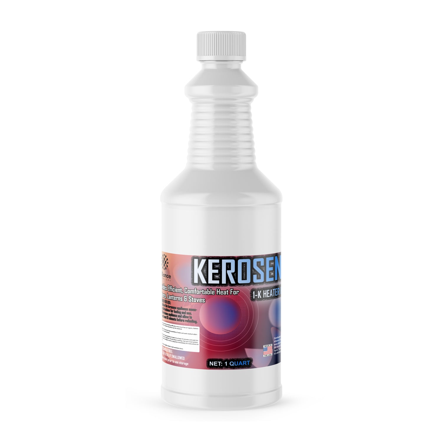 1-quart white HDPE bottle of K-1 kerosene heating fuel for lanterns and stoves, featuring red-blue gradient label and ribbed safety cap.