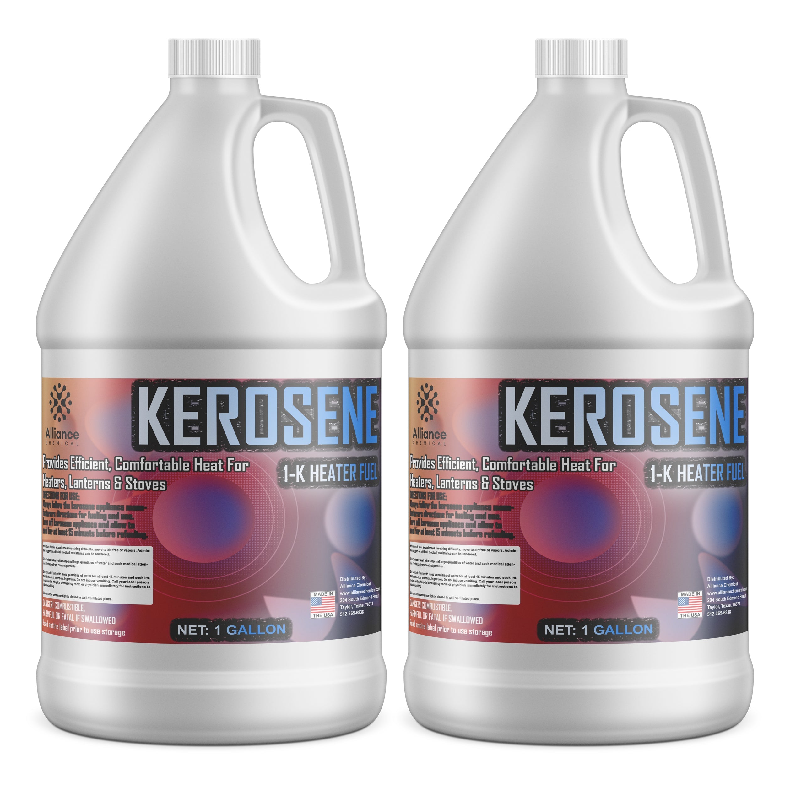 2x 1-gallon HDPE containers of K-1 Kerosene heater fuel for lanterns, stoves, and heaters - Alliance Chemical clean-burning formula, Made in USA.