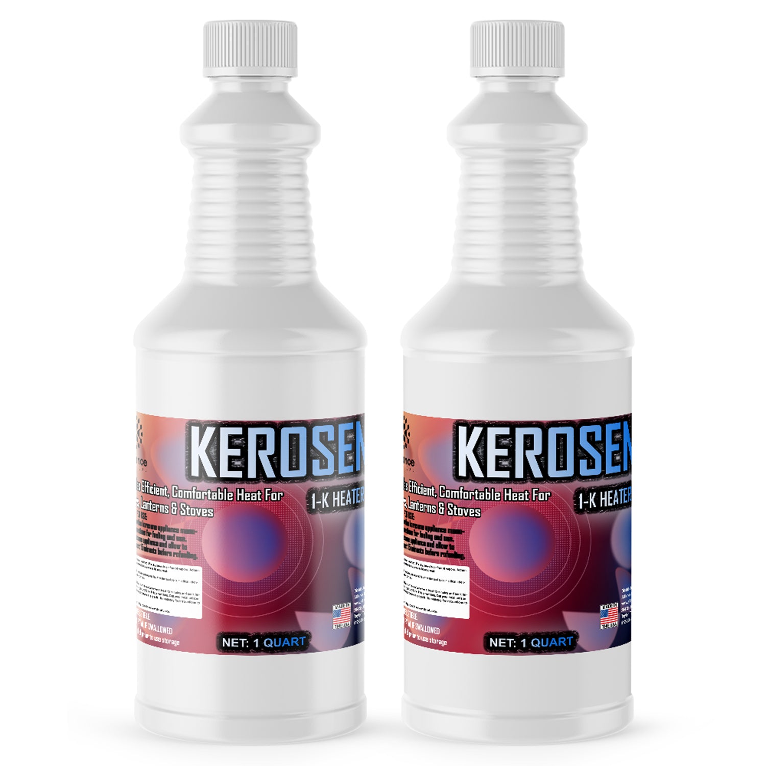 Two 1-quart white HDPE bottles of K-1 grade kerosene heating fuel with ribbed design, red-blue gradient labels, made in USA, for lanterns and stoves.