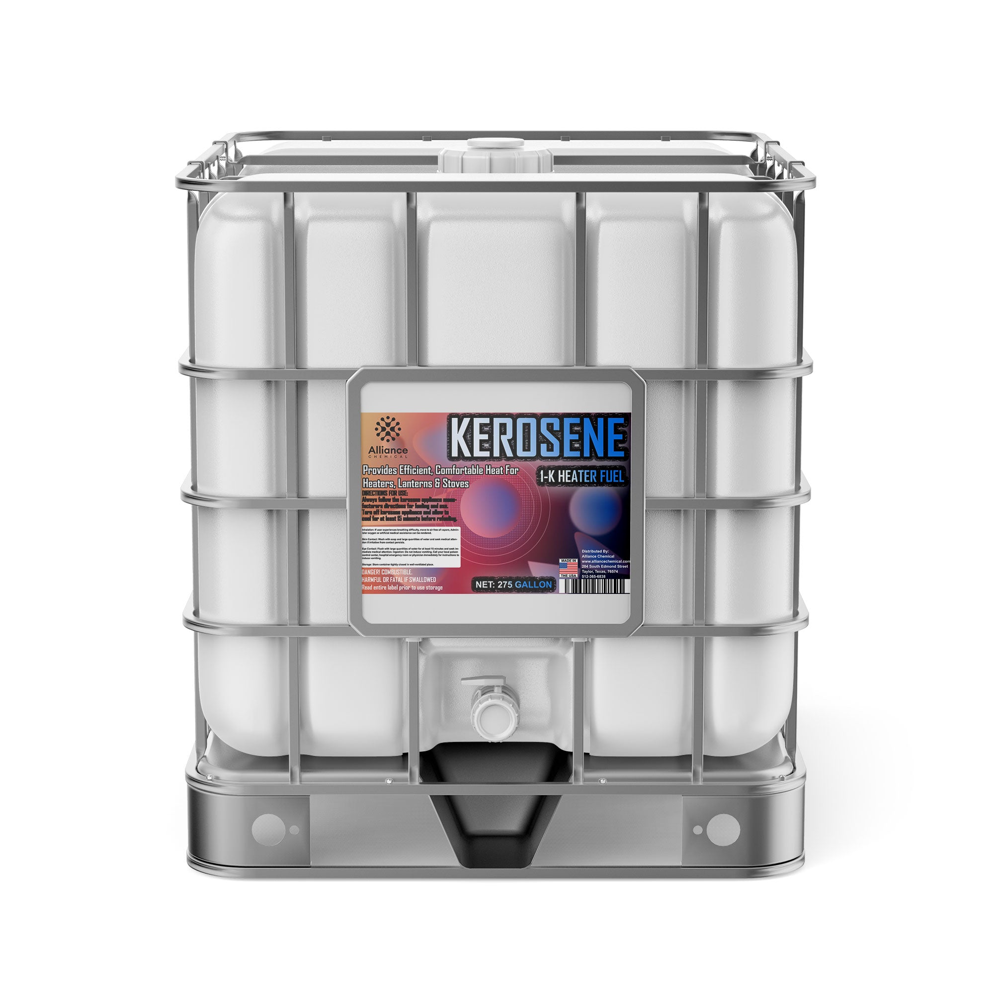 275-gallon IBC tote of K-1 kerosene heater fuel in white HDPE container with metal cage frame, bottom drain valve, and Alliance Chemical labeling.