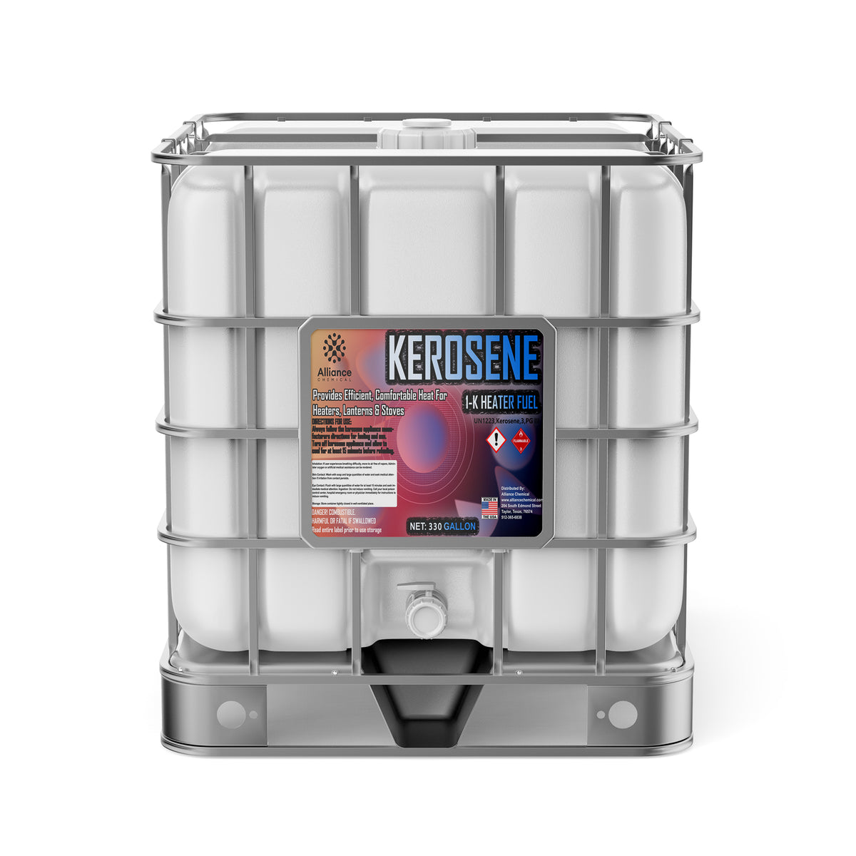 Alliance Chemical 330-gallon tote of Kerosene - K1 Clean Burning Fuel with a steel cage and a white spigot.