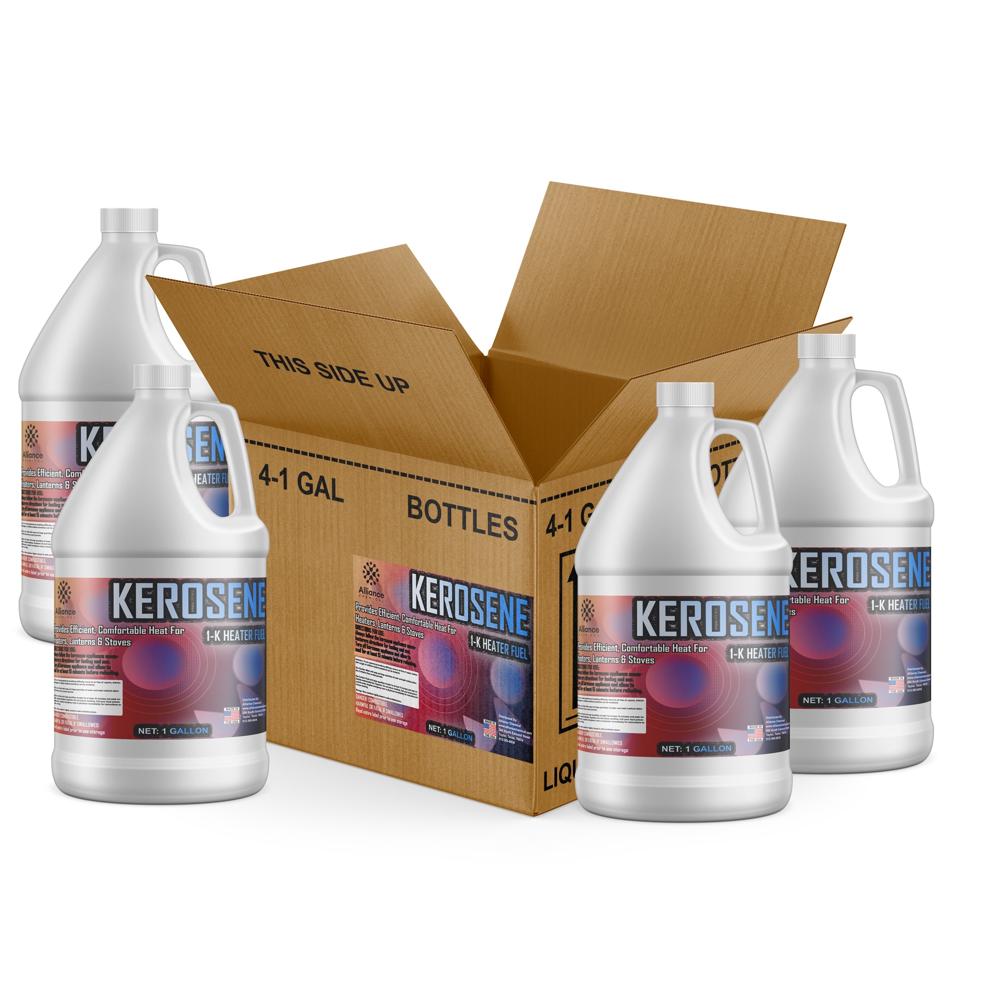 4x1-gallon K1 kerosene heater fuel in white HDPE containers with cardboard box, clean-burning heating oil for lanterns and stoves.