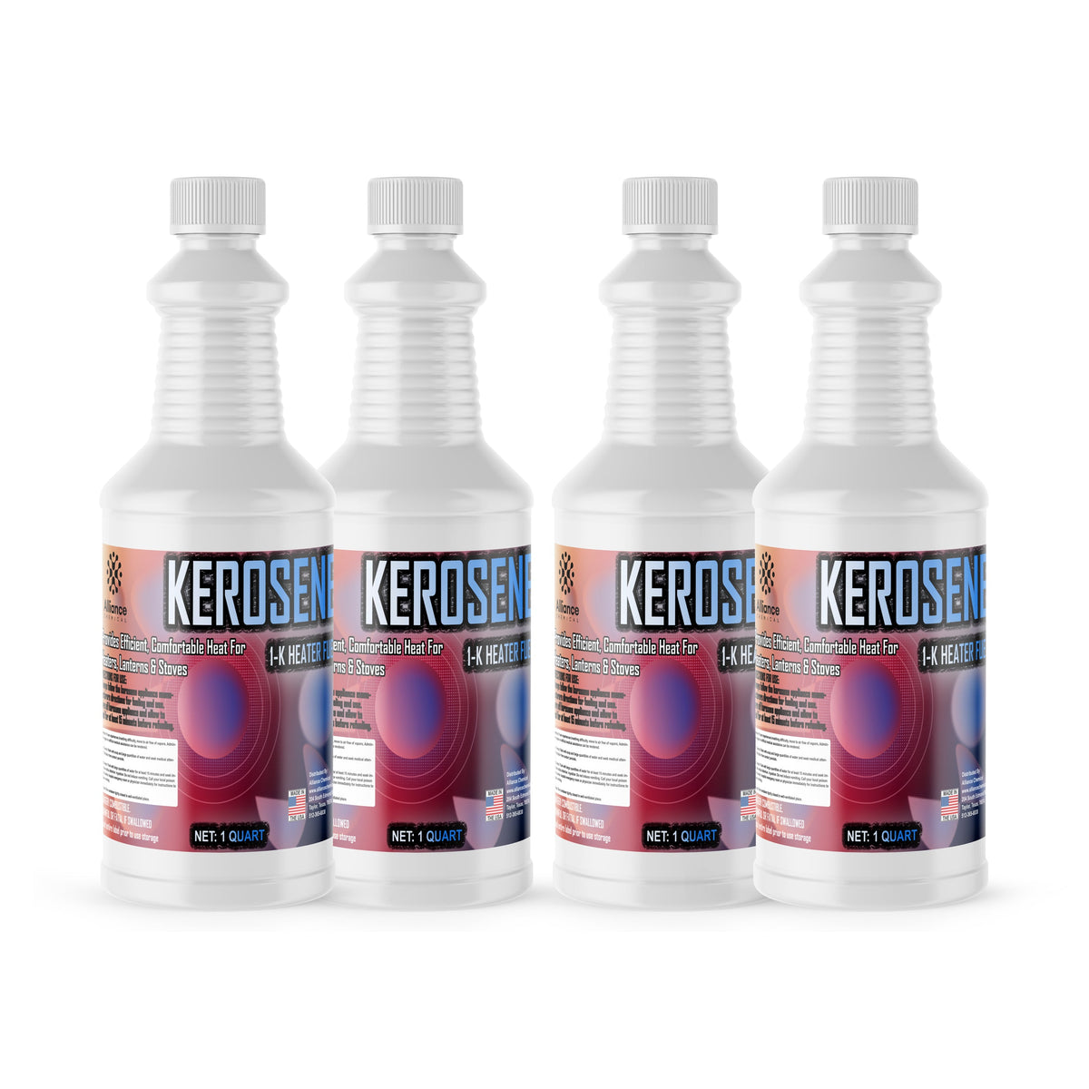 Four 1-quart plastic bottles of Alliance Chemical Kerosene - K1 Clean Burning Fuel with white caps and labels