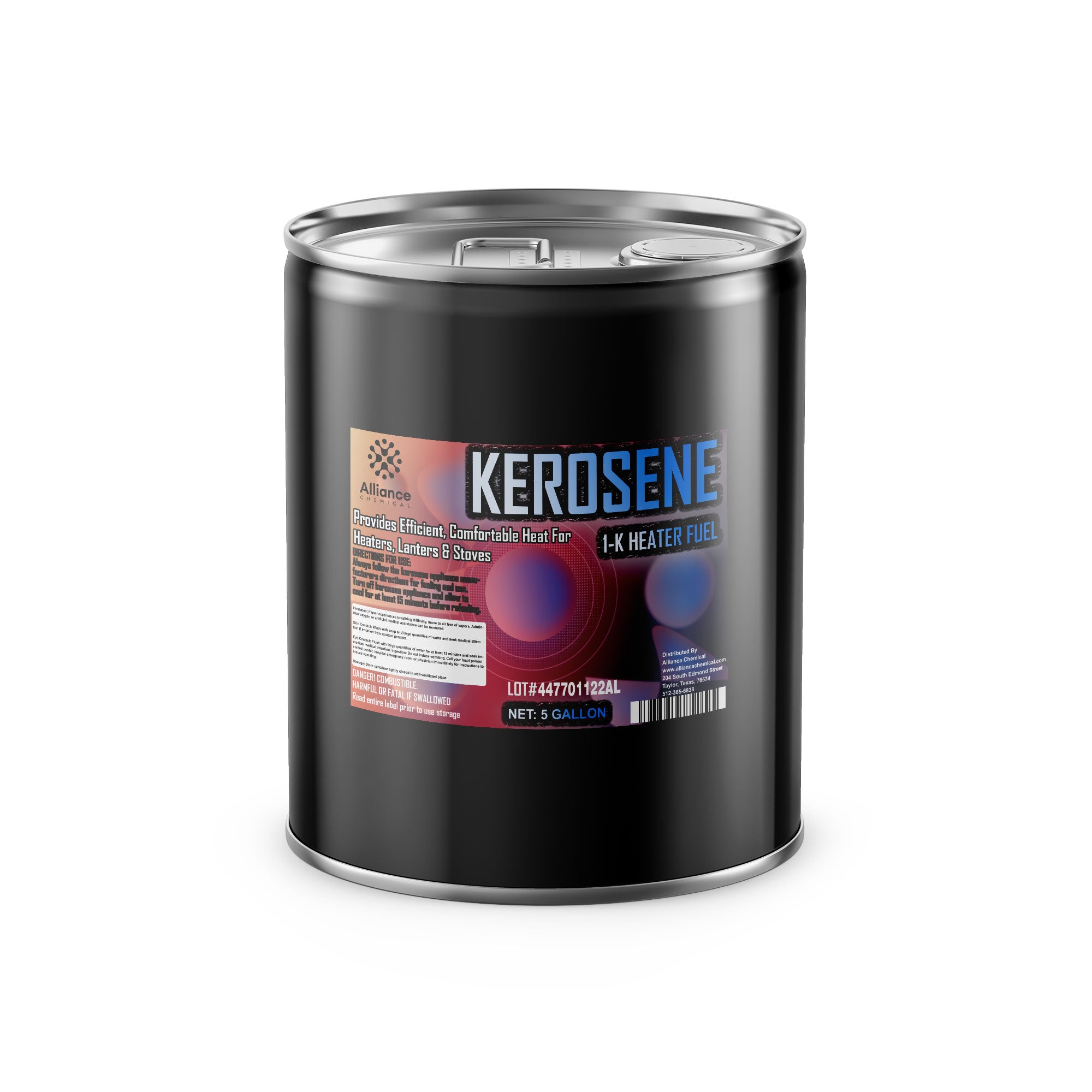 5-gallon black steel container of K-1 kerosene heater fuel by Alliance Chemical, featuring safety labeling for heating appliance use, lot #447701122AL.