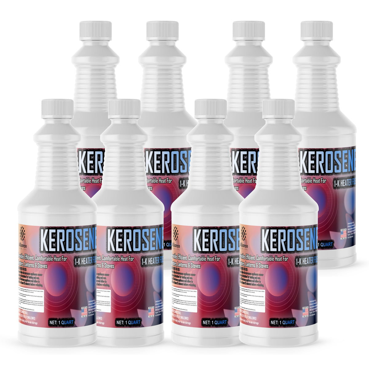 Eight 1-quart plastic bottles of Alliance Chemical Kerosene - K1 Clean Burning Fuel with white caps and product labels
