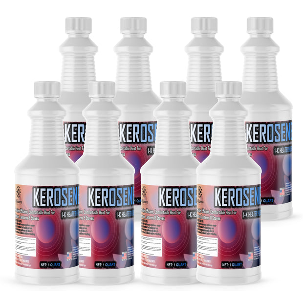 Eight 1-quart plastic bottles of Alliance Chemical Kerosene - K1 Clean Burning Fuel with white caps and product labels