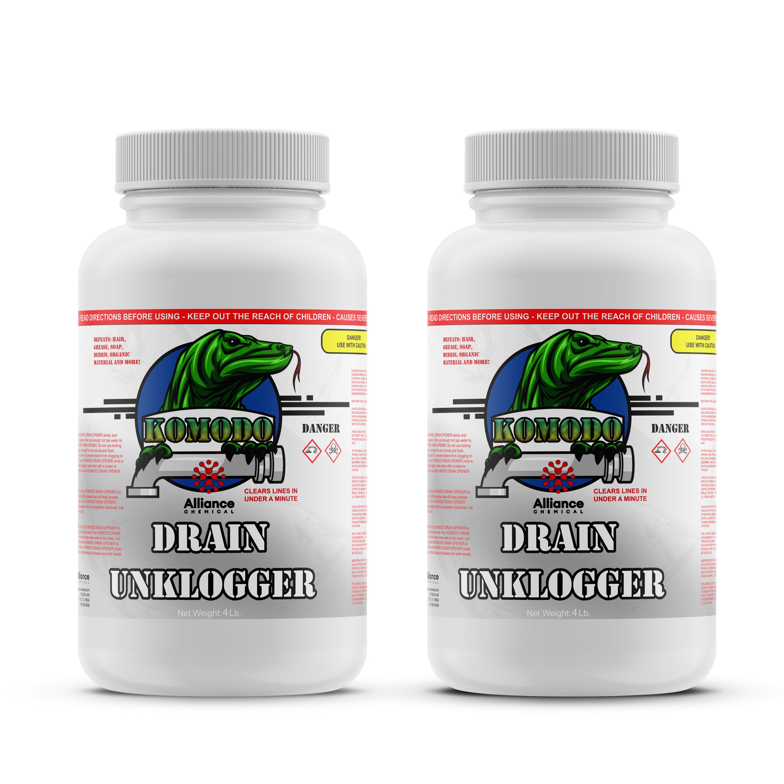 4 lb Komodo Drain Unklogger, 2-pack professional-grade drain cleaner in white HDPE bottles with hazard symbols, chemical warning band, and green reptilian logo.