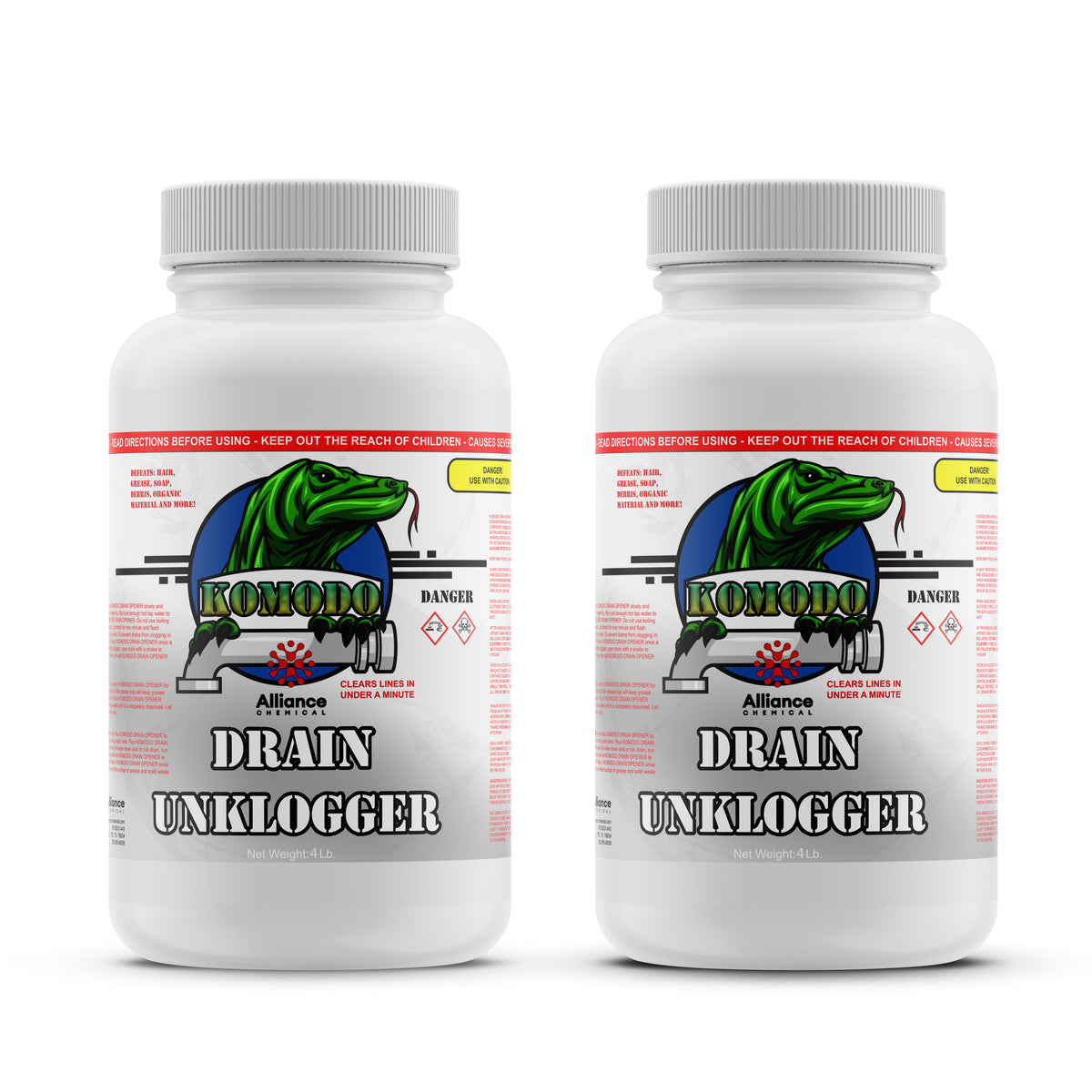 Two plastic bottles of Alliance Chemical Komodo Drain Unklogger with white screw caps and labels featuring a komodo dragon.