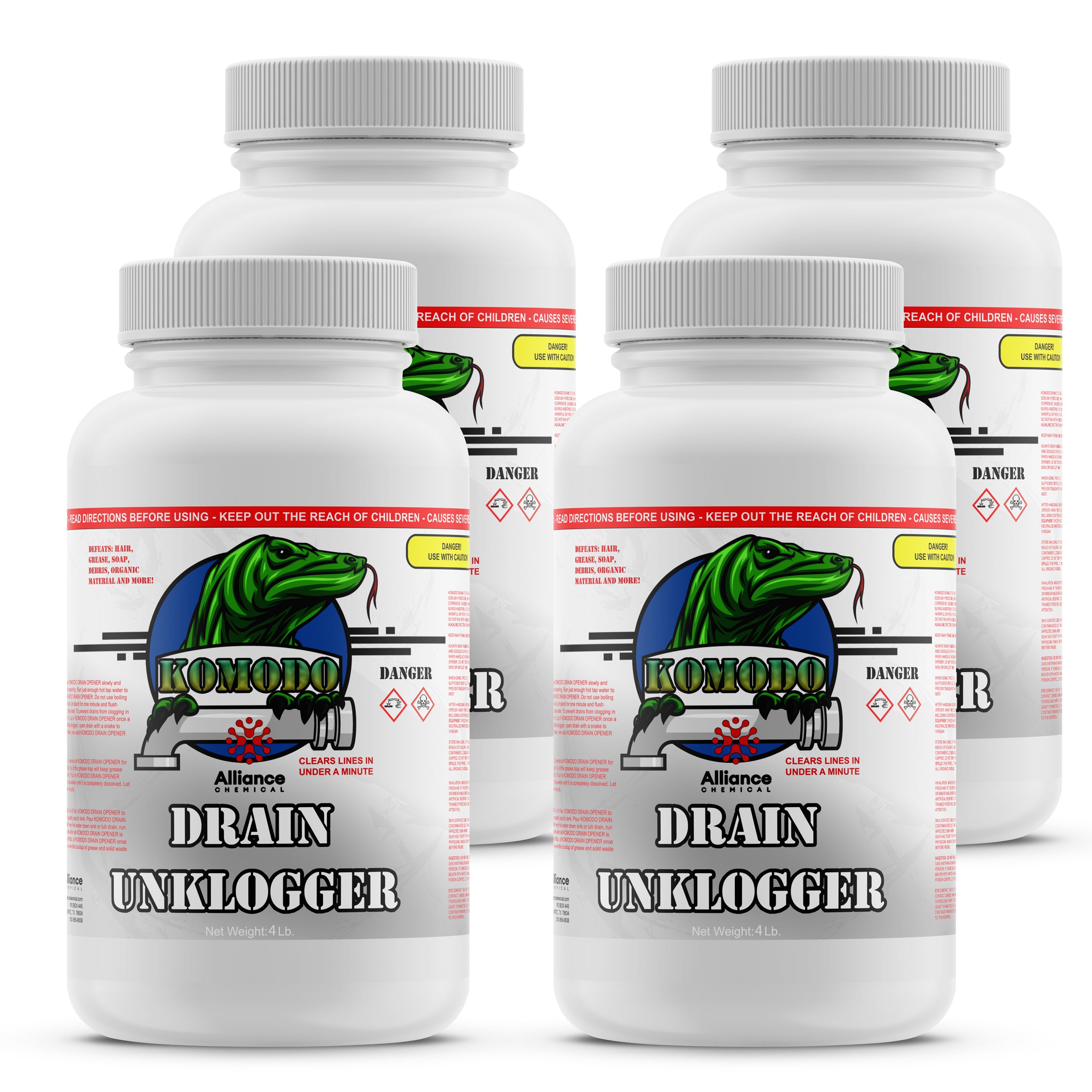 4-lb Komodo Drain Unklogger, professional-grade drain cleaner in white HDPE containers with hazard warning symbols, 4-pack bundle by Alliance Chemical.