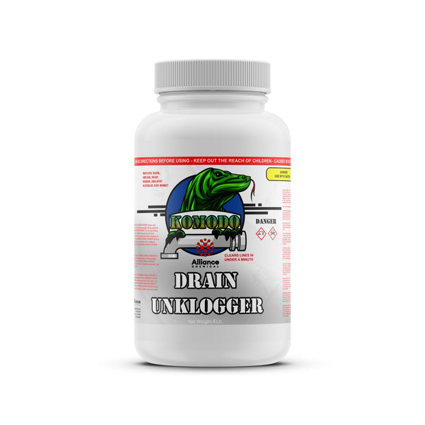 One 4-lb plastic bottle of Alliance Chemical Komodo Drain Unklogger with a white cap and product label.