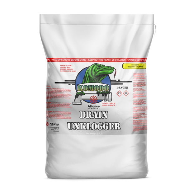 55 lb bag of Alliance Chemical Komodo Drain Unklogger with product information and safety icons on a white plastic container.