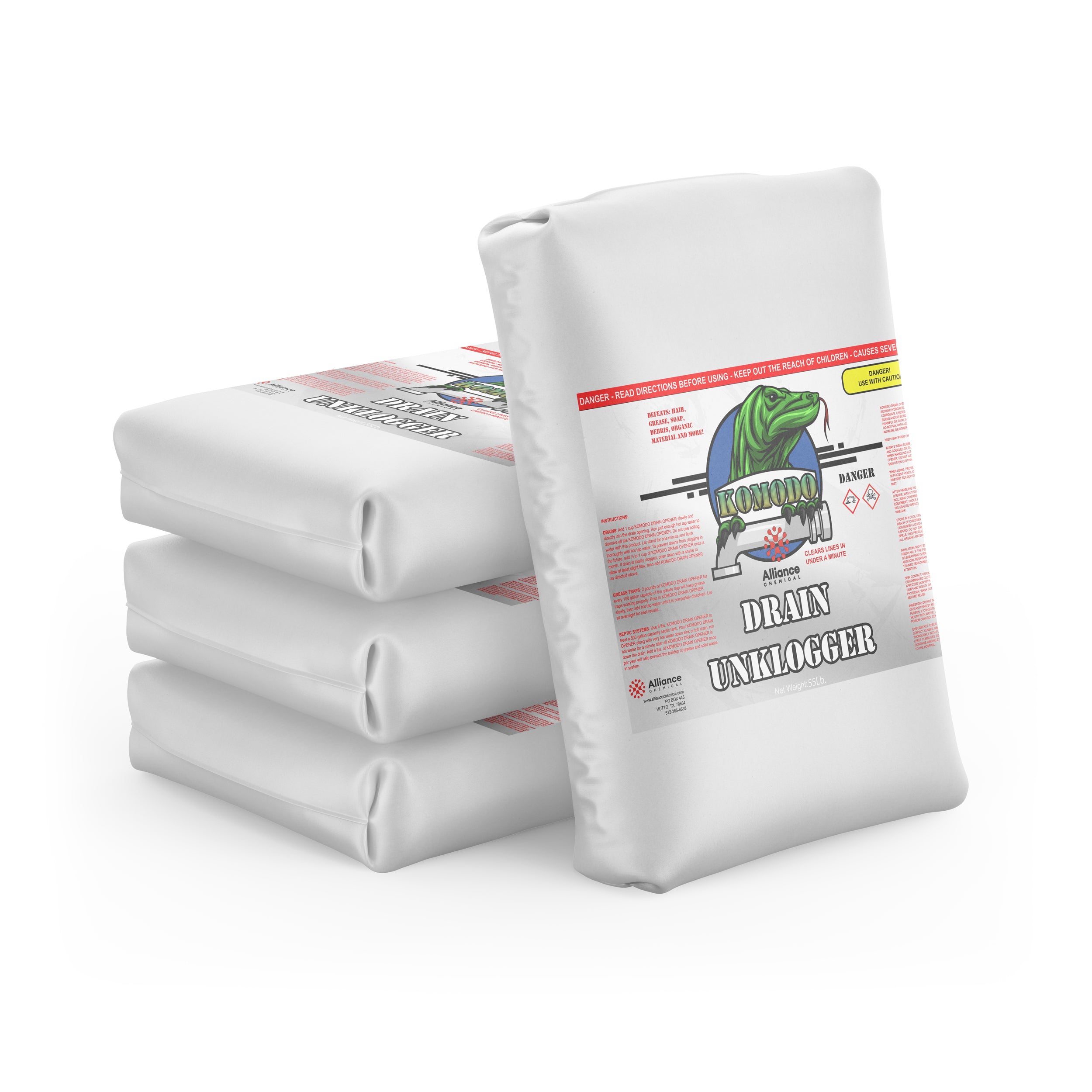 55 lb bags of Komodo industrial drain unclogger by Alliance Chemical, stacked white chemical-resistant packaging with hazard warnings and reptilian logo.