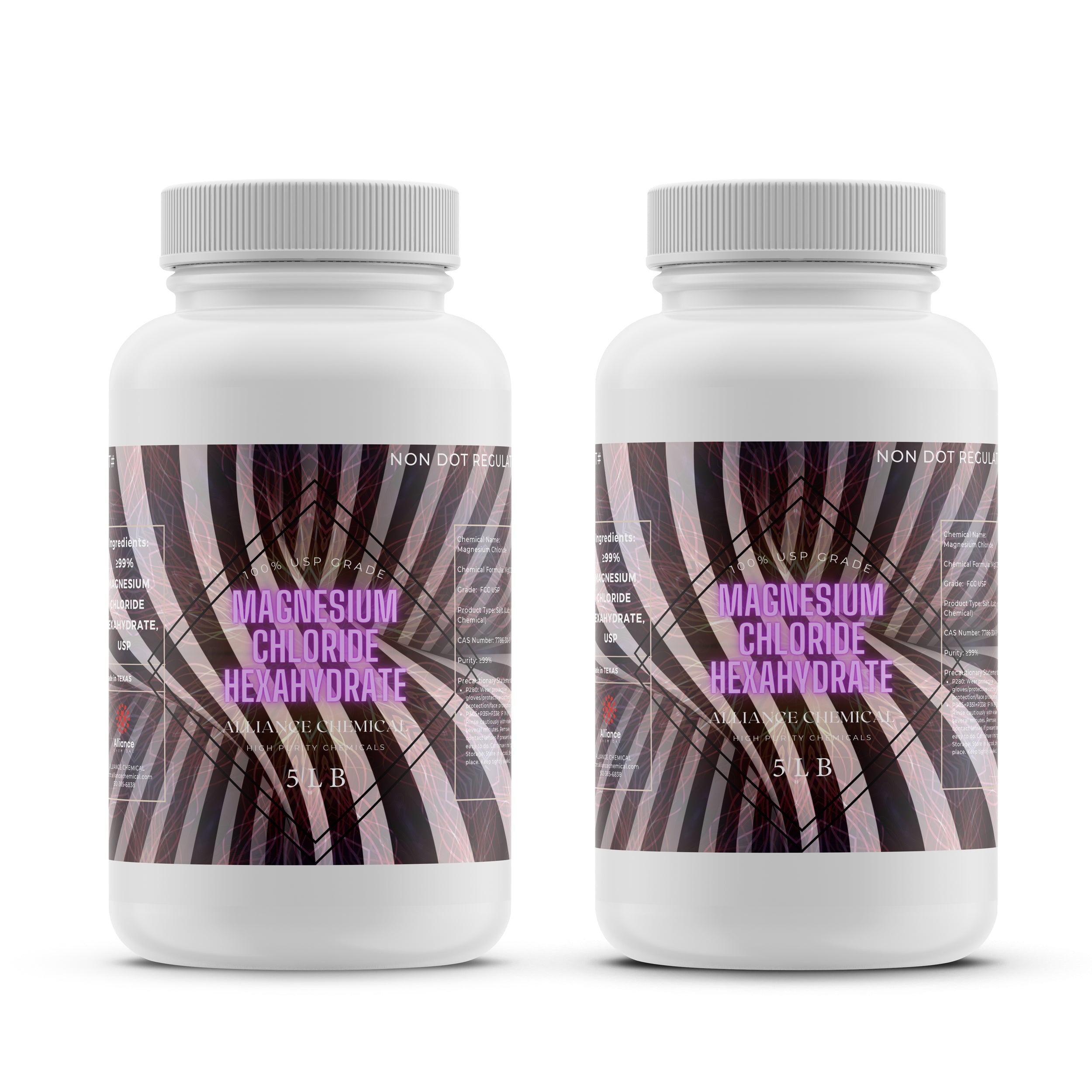 5 lb dual pack of USP-grade Magnesium Chloride Hexahydrate in white HDPE bottles with purple-black gradient labels, NON DOT REGULATED.