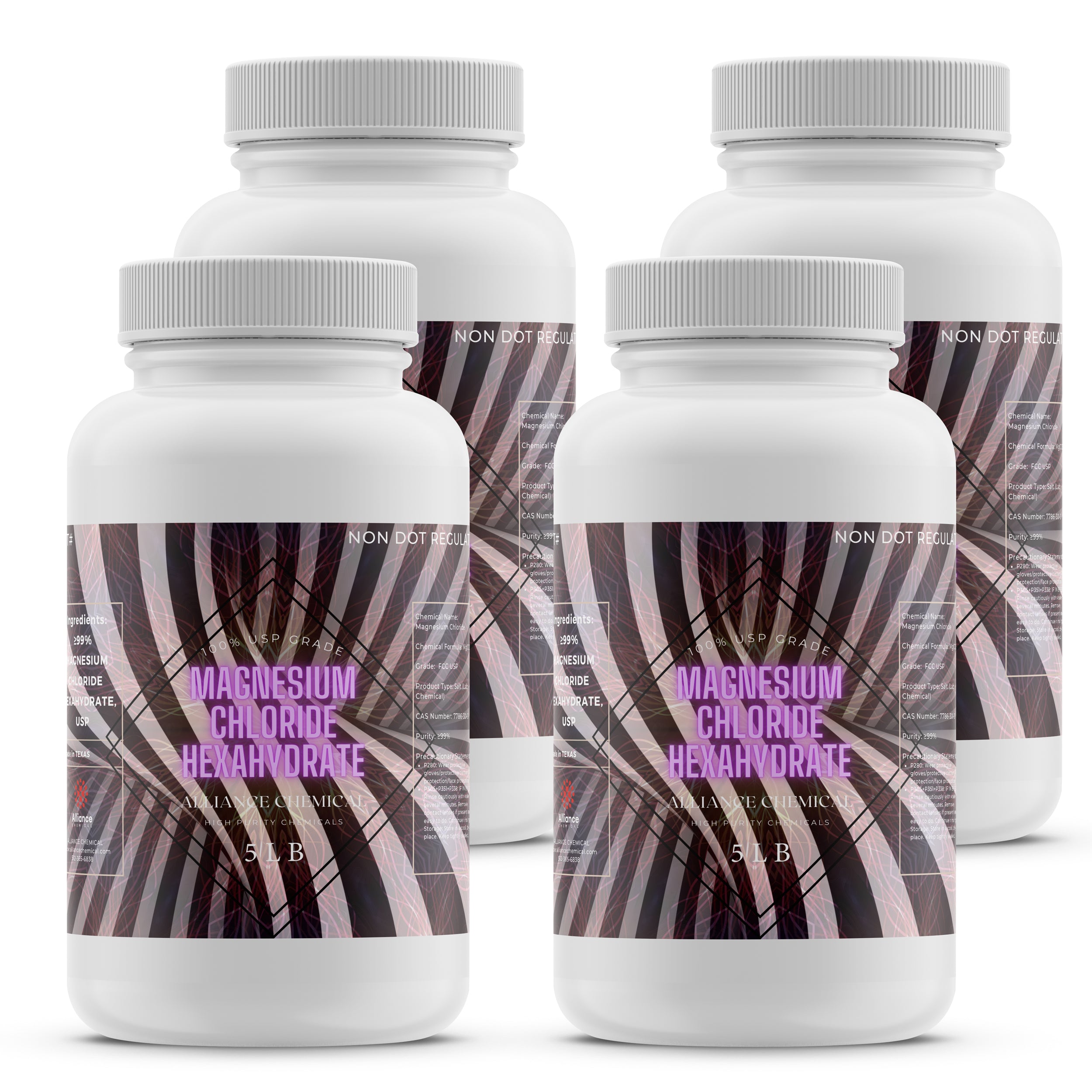 5-lb bottles of USP/FCC-grade Magnesium Chloride Hexahydrate in white HDPE containers with purple-black gradient labels, 4-pack bulk set.