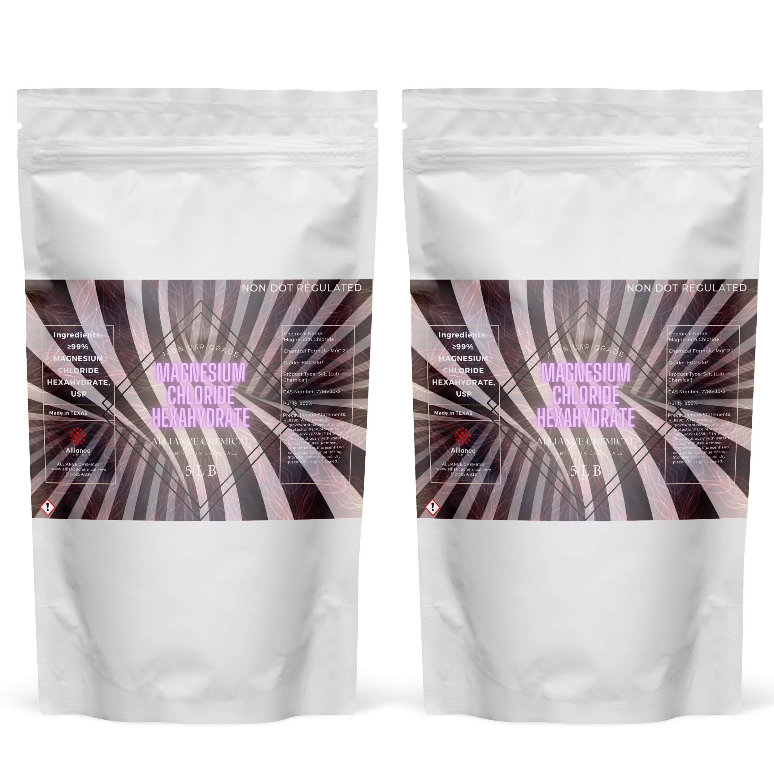 5 lb bags (2-pack) Magnesium Chloride Hexahydrate USP/FCC grade, >99% pure, in white resealable pouches with GHS warning symbol, made in Texas.