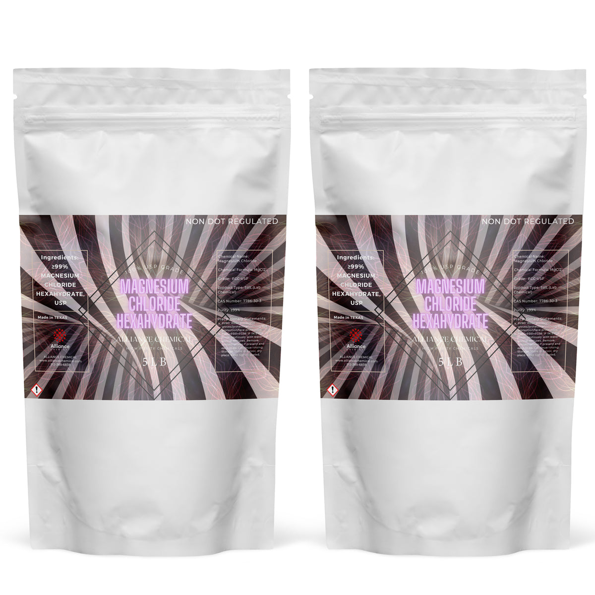 Two 5 lb Alliance Chemical Magnesium Chloride Hexahydrate FCC, USP GRADE pouches with labels.