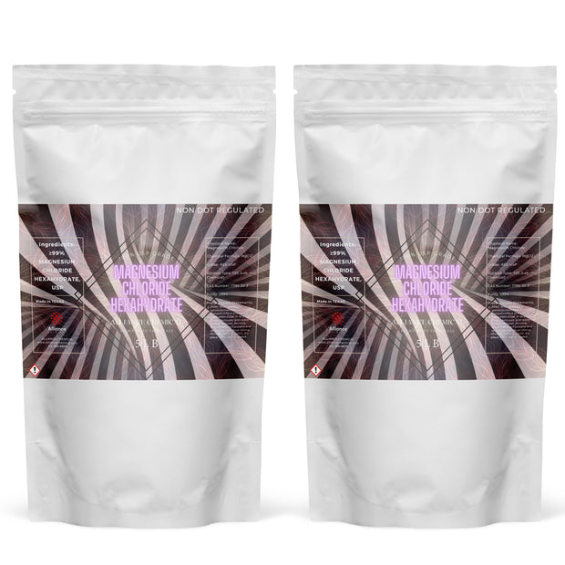 Two 5 lb Alliance Chemical Magnesium Chloride Hexahydrate FCC, USP GRADE pouches with labels.