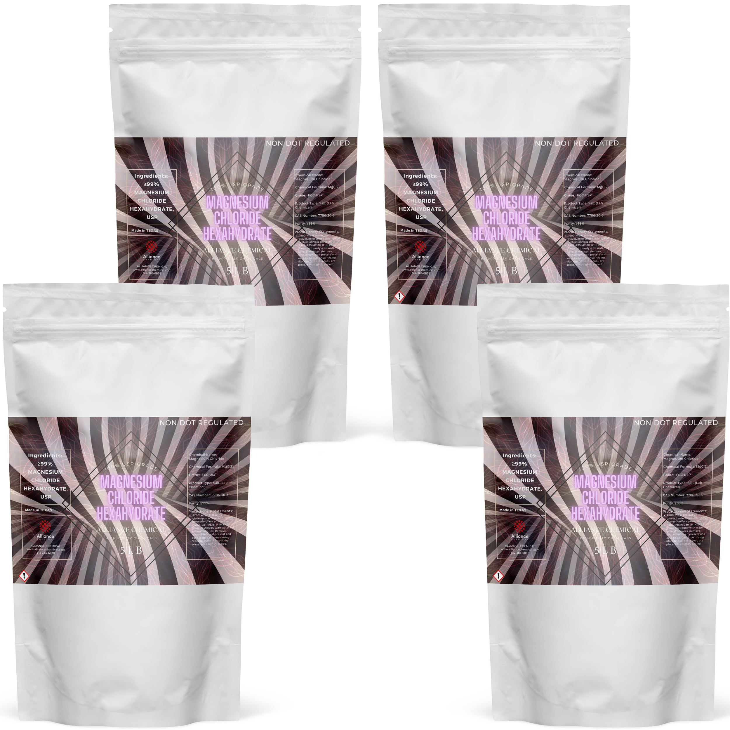 5 lb bags (4-pack) of Magnesium Chloride Hexahydrate USP/FCC grade in resealable white pouches with GHS hazard symbol, non-DOT regulated.