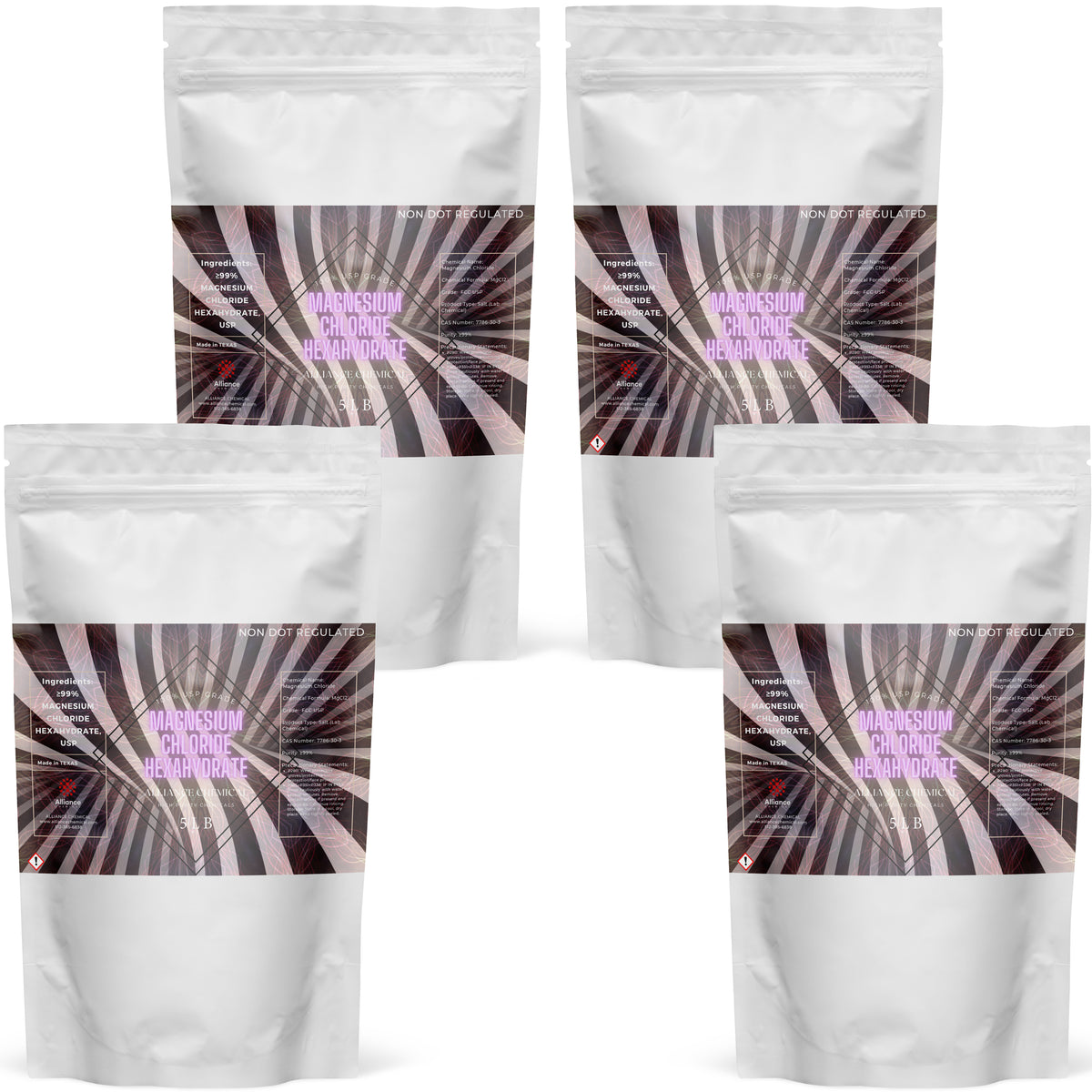 Four Alliance Chemical Magnesium Chloride Hexahydrate FCC, USP GRADE plastic bags with labels.