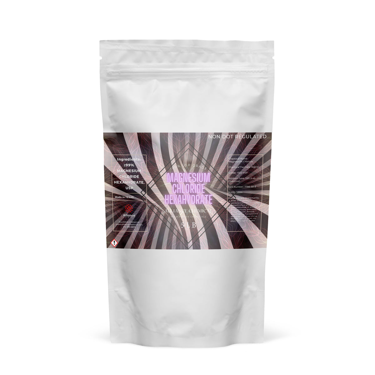 One 5 lb Alliance Chemical Magnesium Chloride Hexahydrate FCC, USP GRADE in a white plastic bag with a product label.