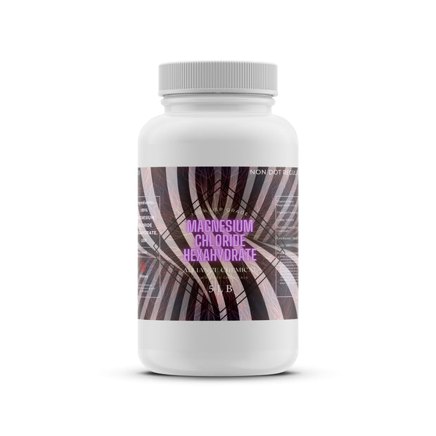 One 5 lb plastic bottle of Alliance Chemical Magnesium Chloride Hexahydrate FCC, USP GRADE with a white cap and product label
